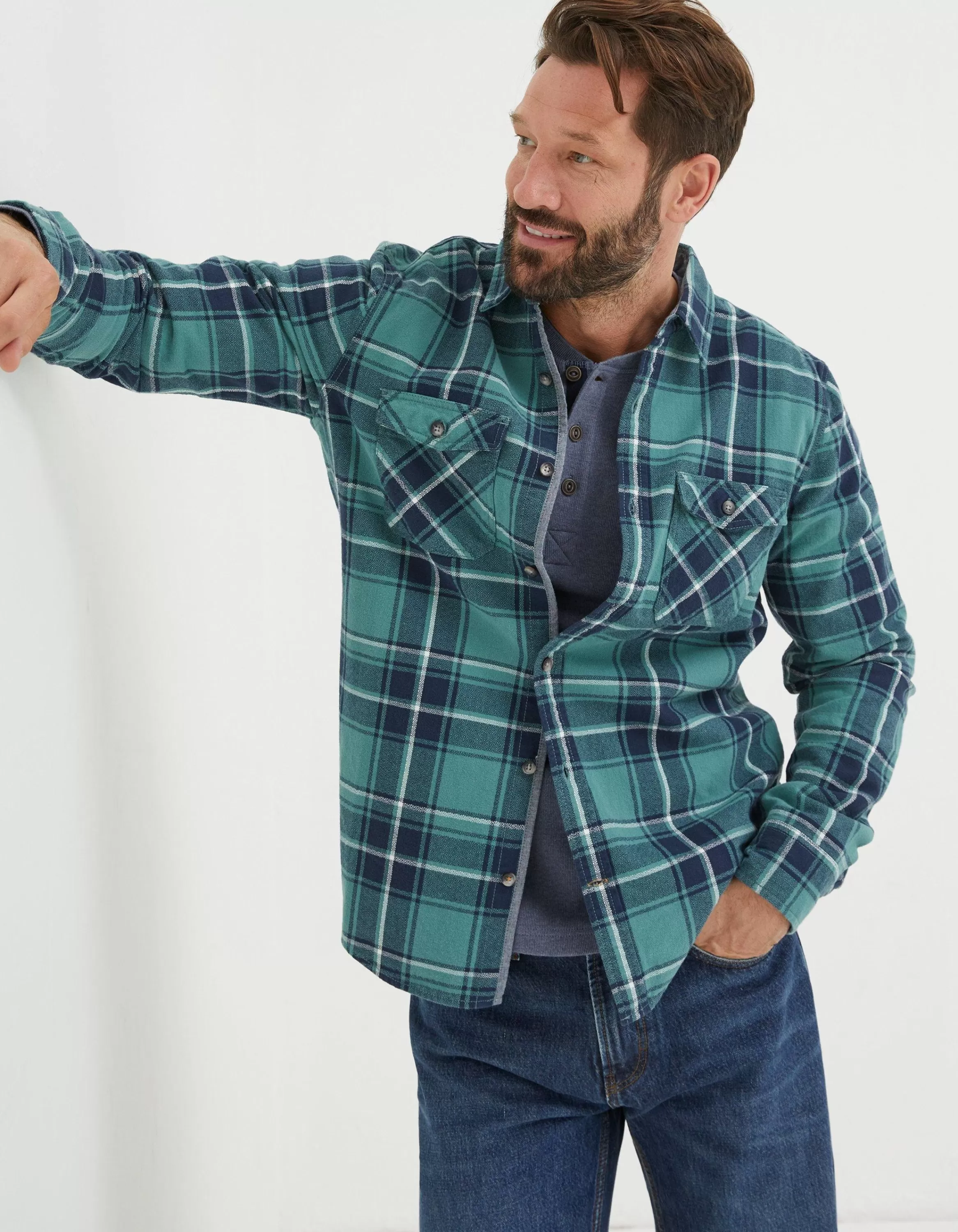 Cheap FatFace Dawley Check Shirt Teal Green