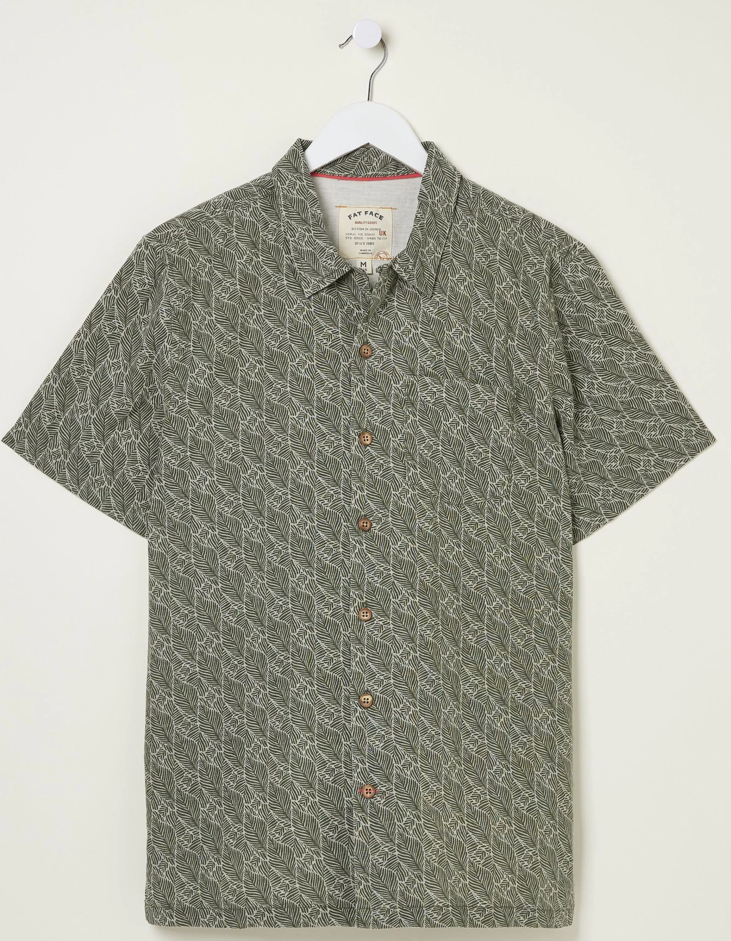 Discount FatFace Dempsey Leaf Print Shirt Khaki Green