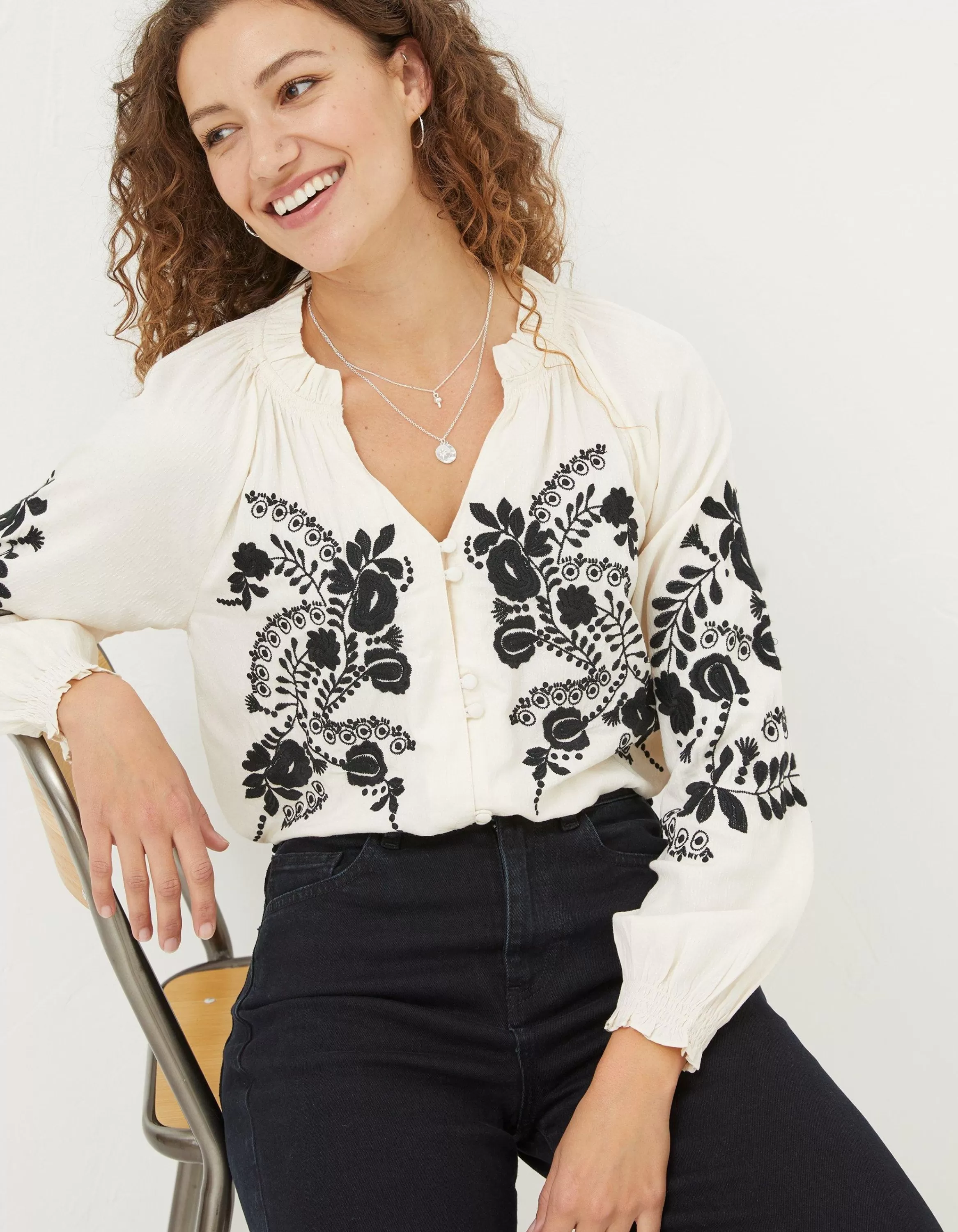 Cheap FatFace Ellen Embroidered Blouse Ivory