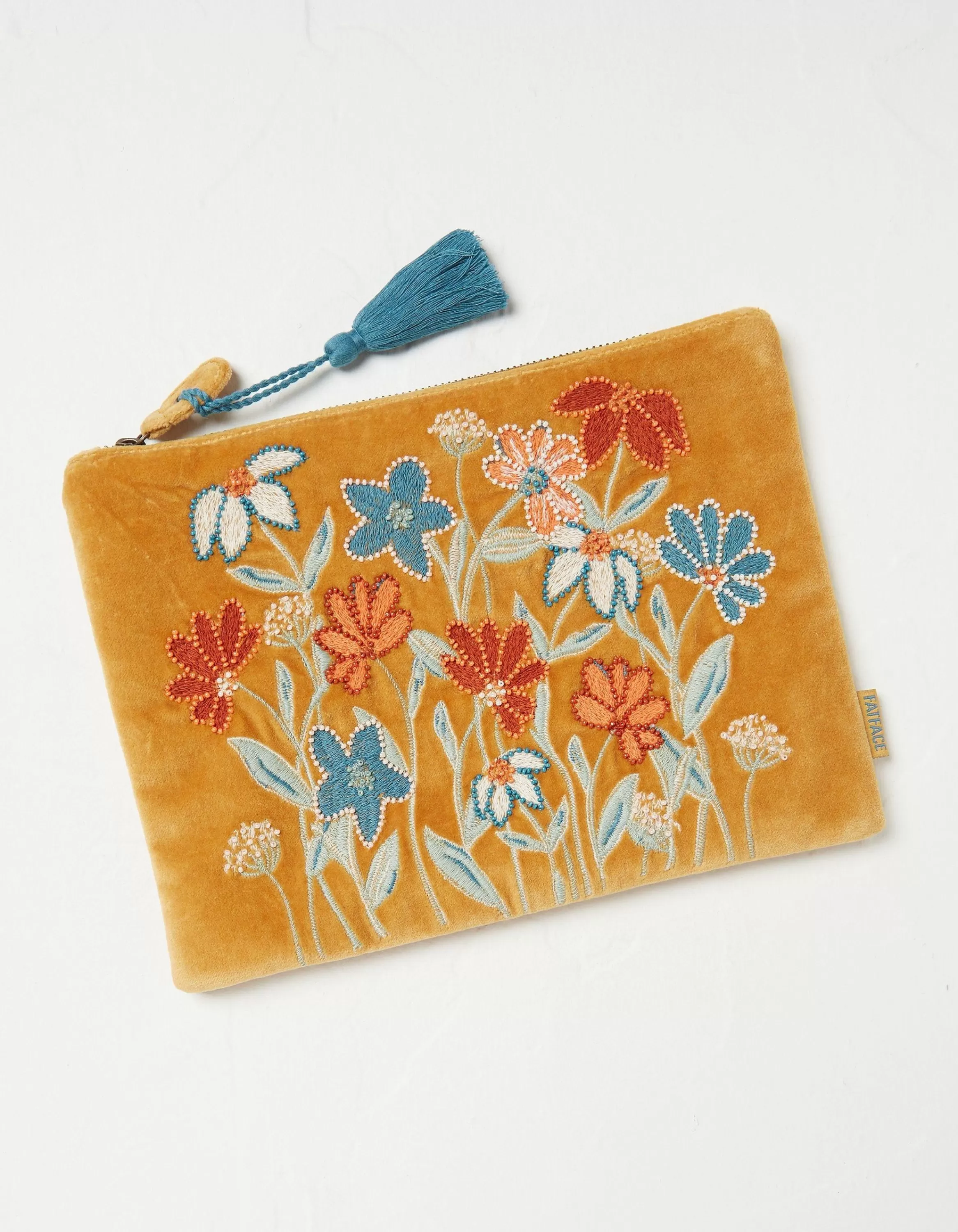 Fashion FatFace Embroidered Floral Pouch Mustard Yellow