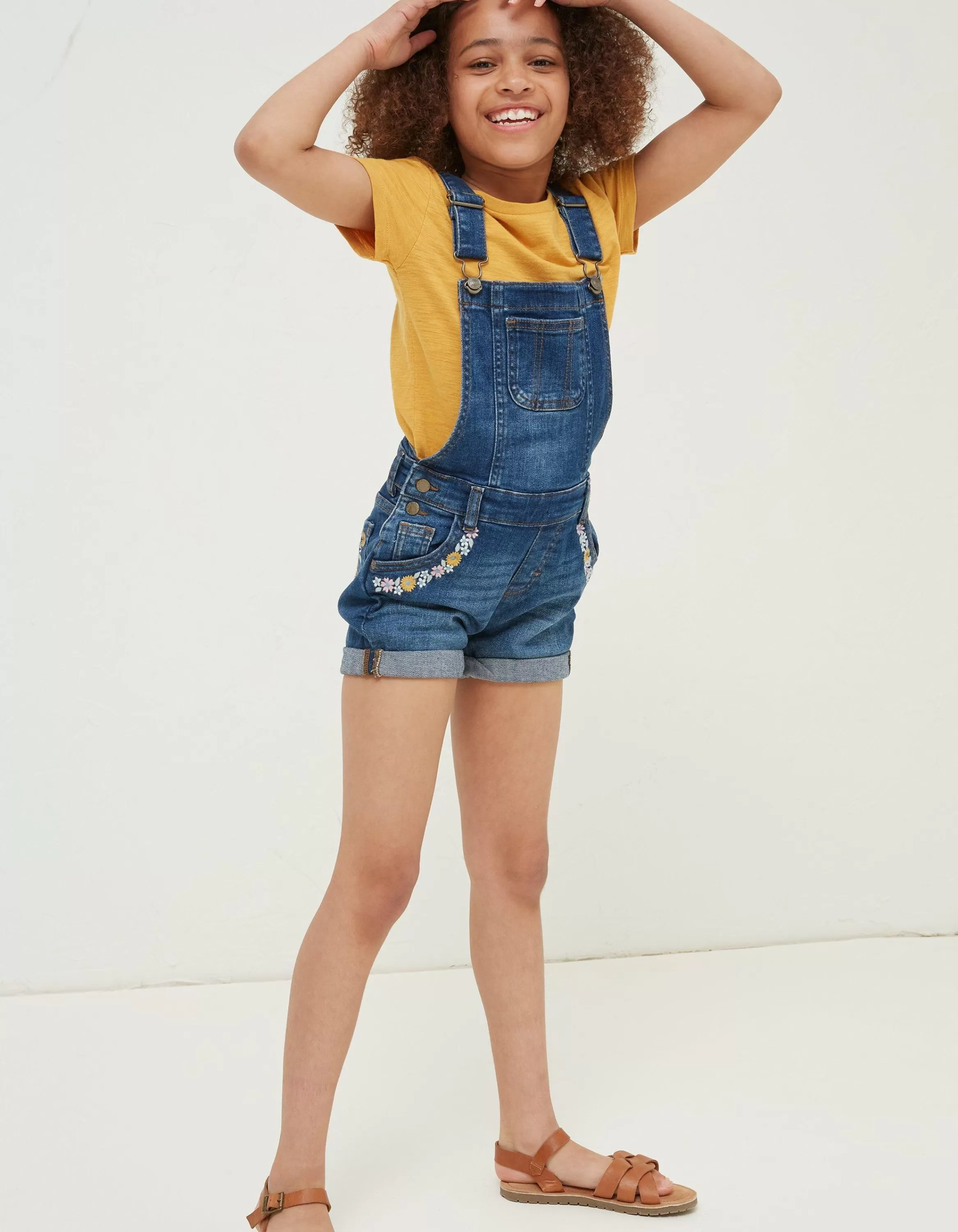 Fashion FatFace Embroidered Shortie Dungarees Denim Blue