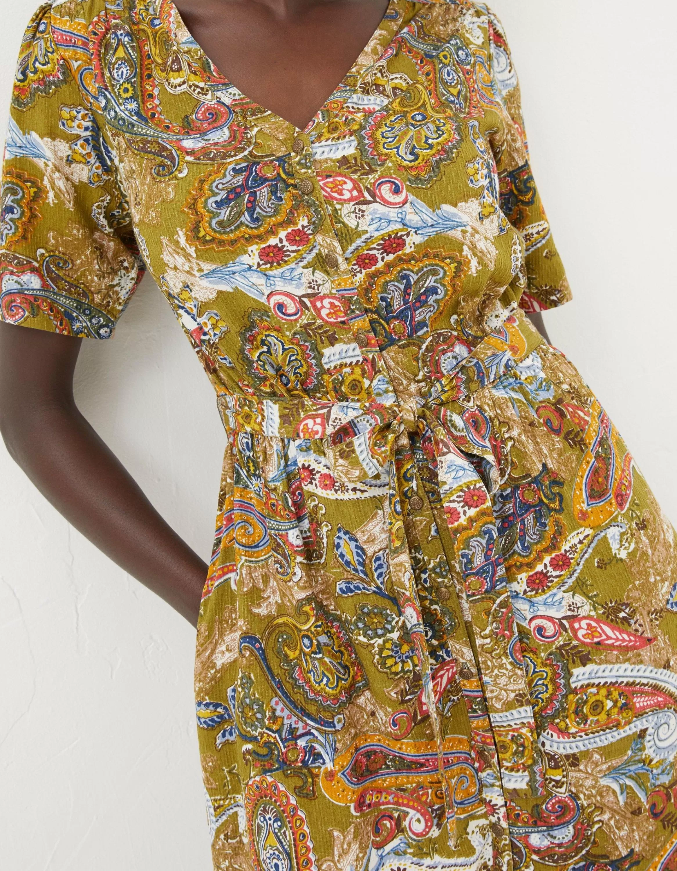 New FatFace Estelle Paisley Midi Tea Dress Light Olive