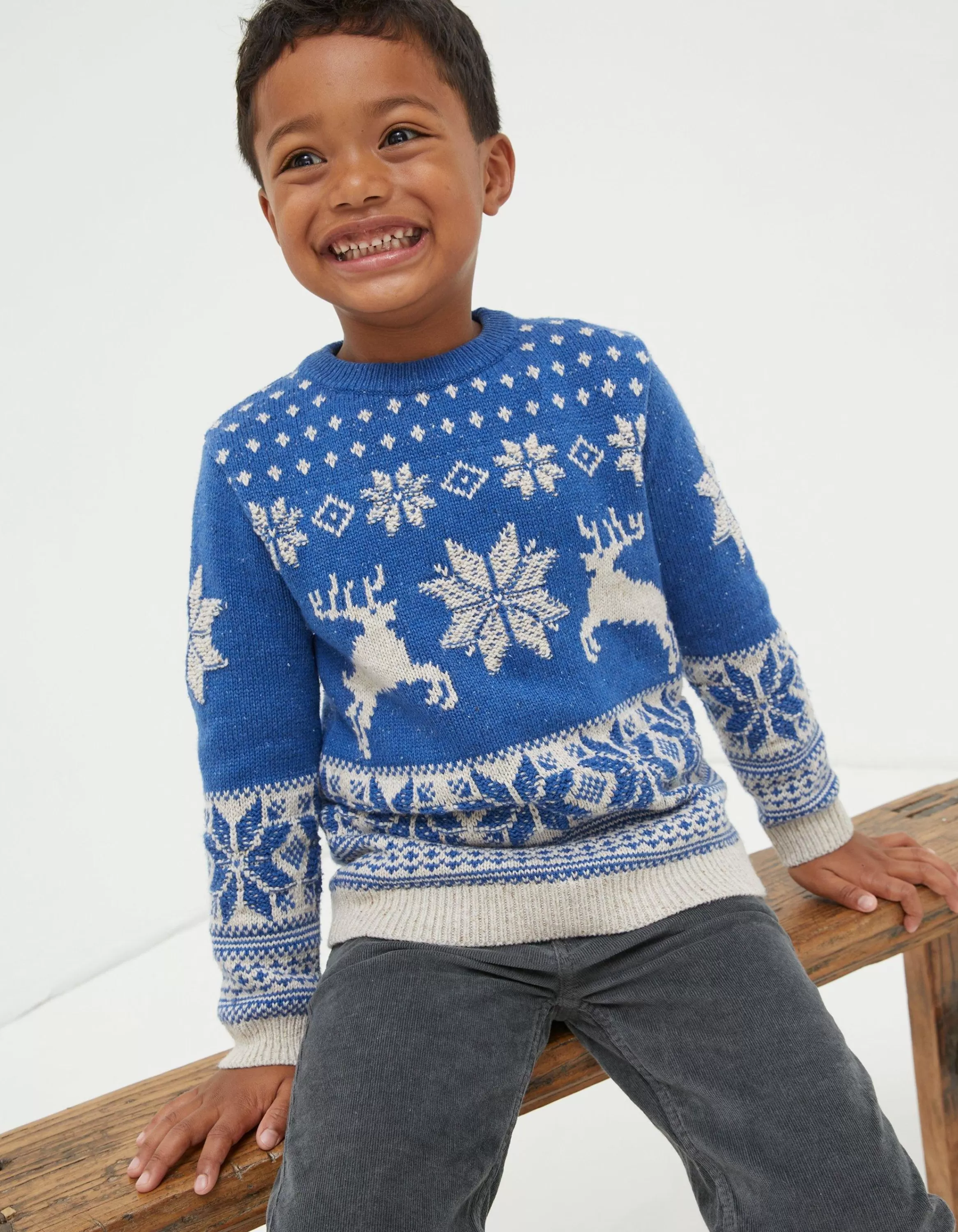 Sale FatFace Family Reindeer Christmas Jumper Cobalt Blue