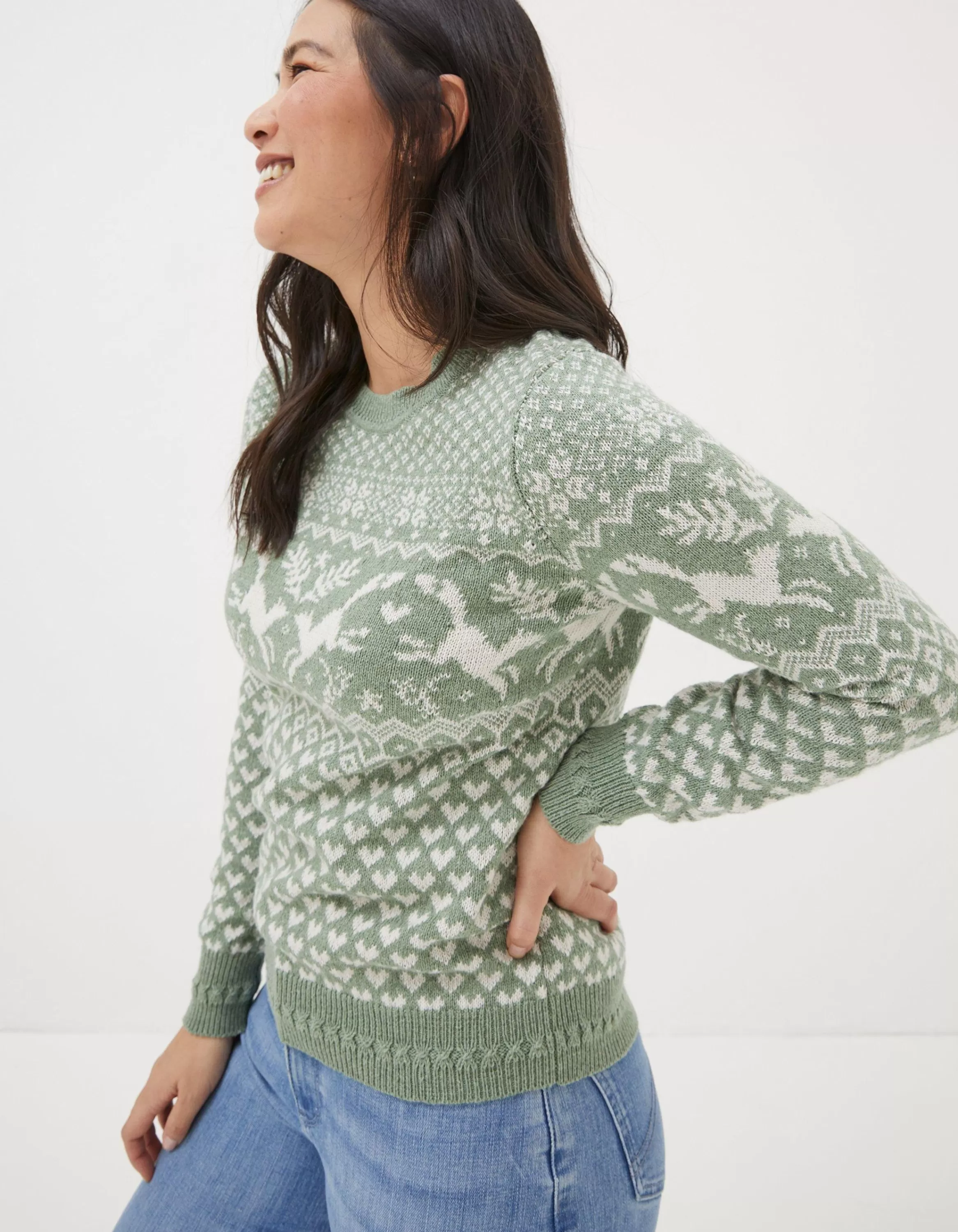 Sale FatFace Felicity Fox Fairisle Jumper Sage Green