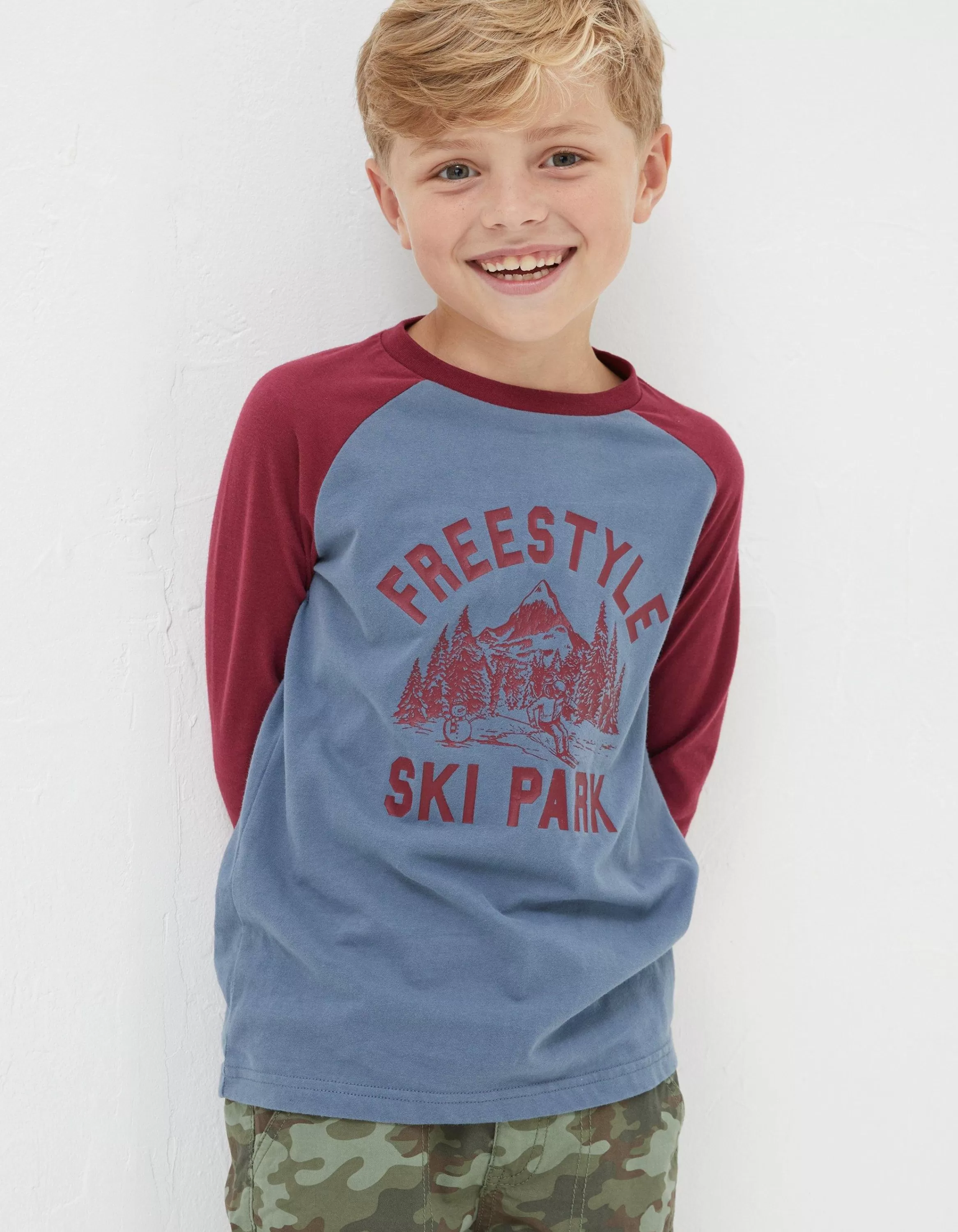 Shop FatFace Freestyle Ski Raglan T-Shirt Burgundy