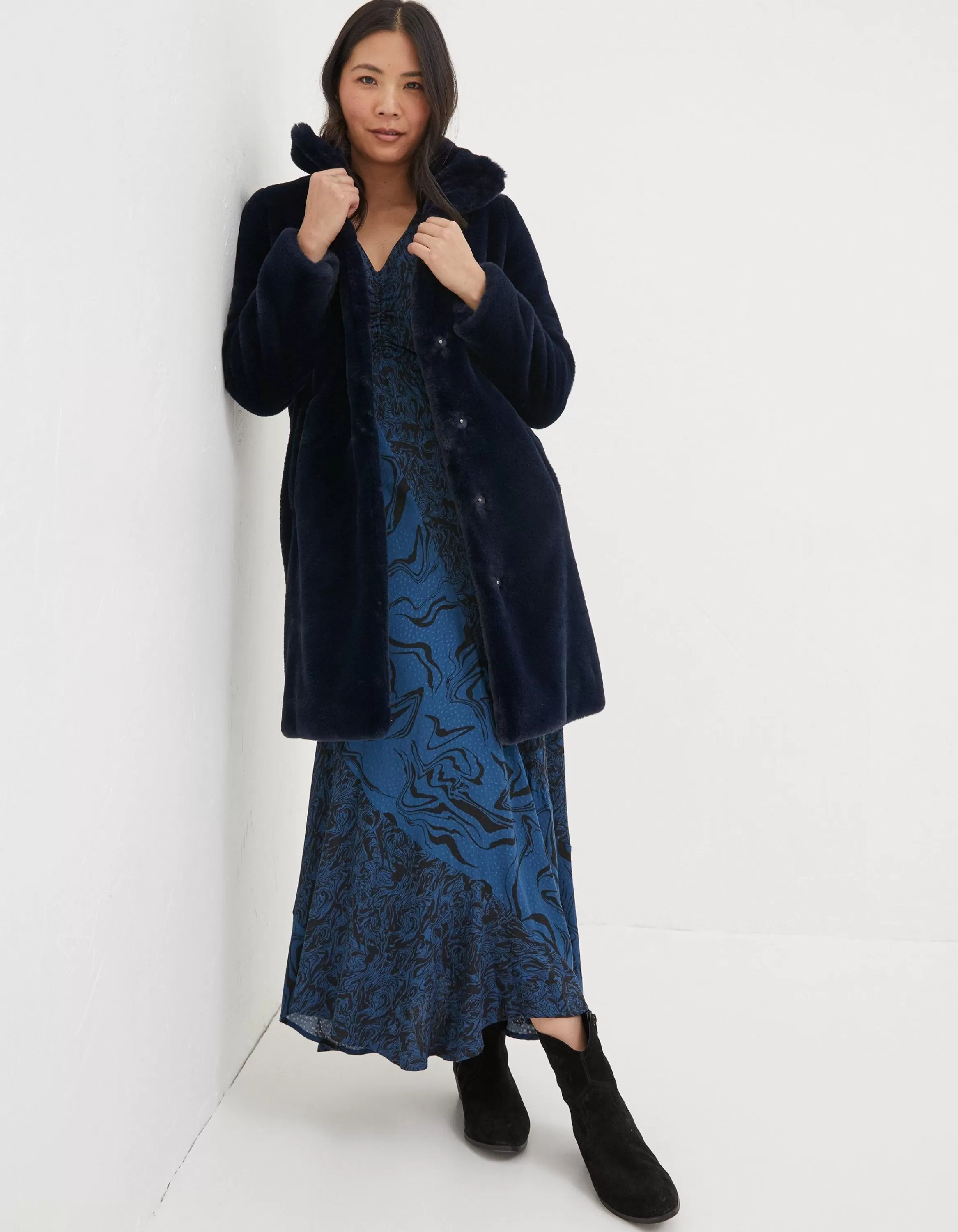 Fashion FatFace Freya Faux Fur Long Coat Navy