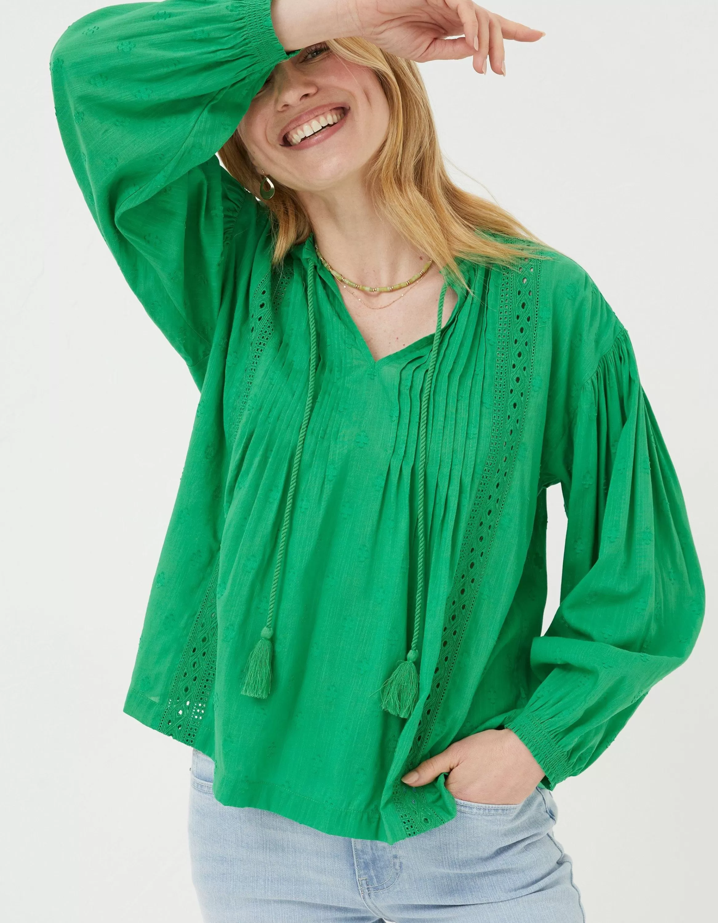 New FatFace Freya Green Lace Blouse Bright Green