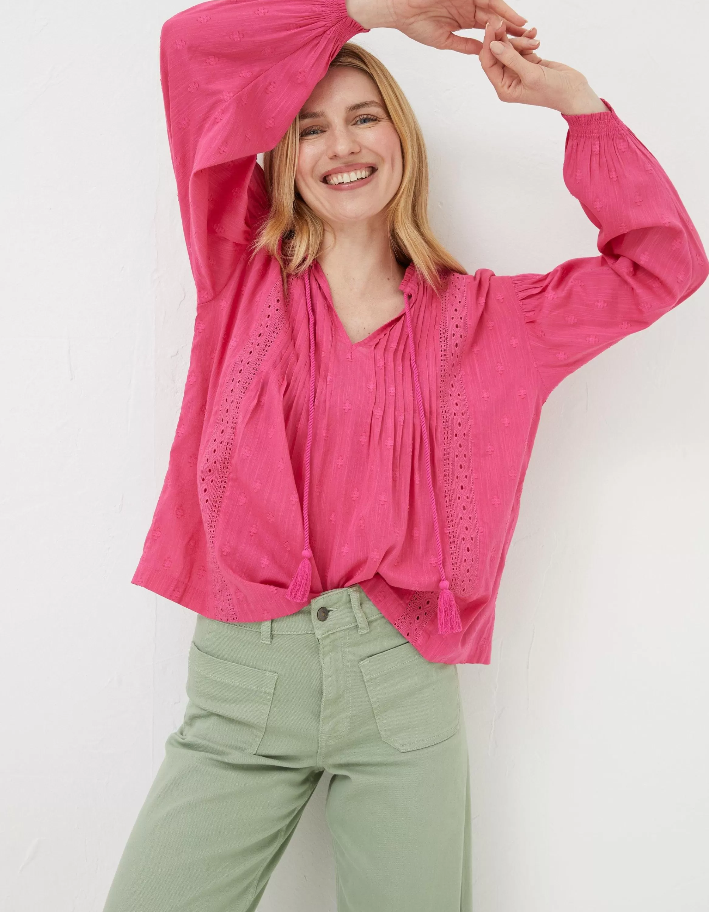 Shop FatFace Freya Pink Lace Blouse Bright Pink