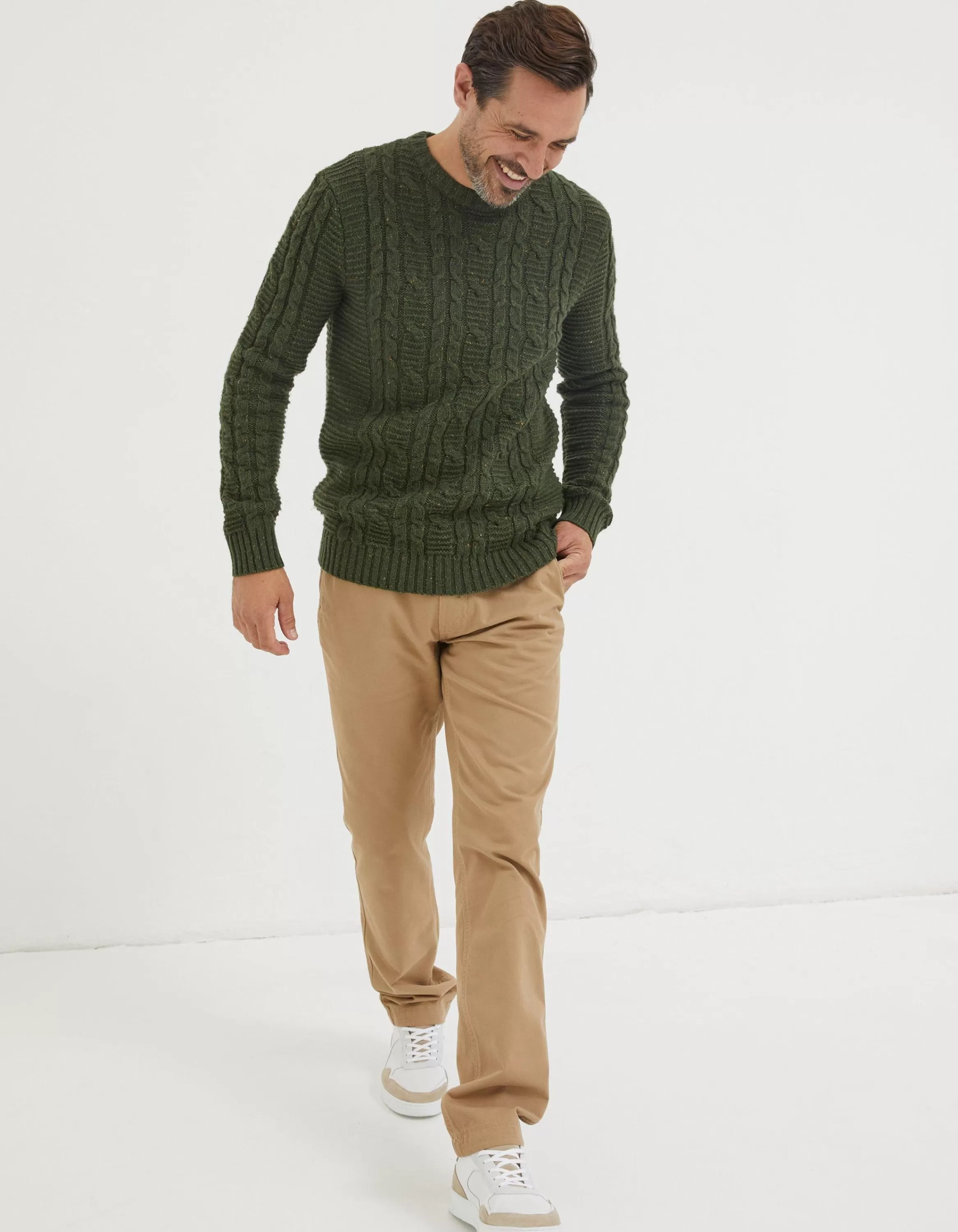 Hot FatFace Funtley Cable Crew Jumper Khaki Green