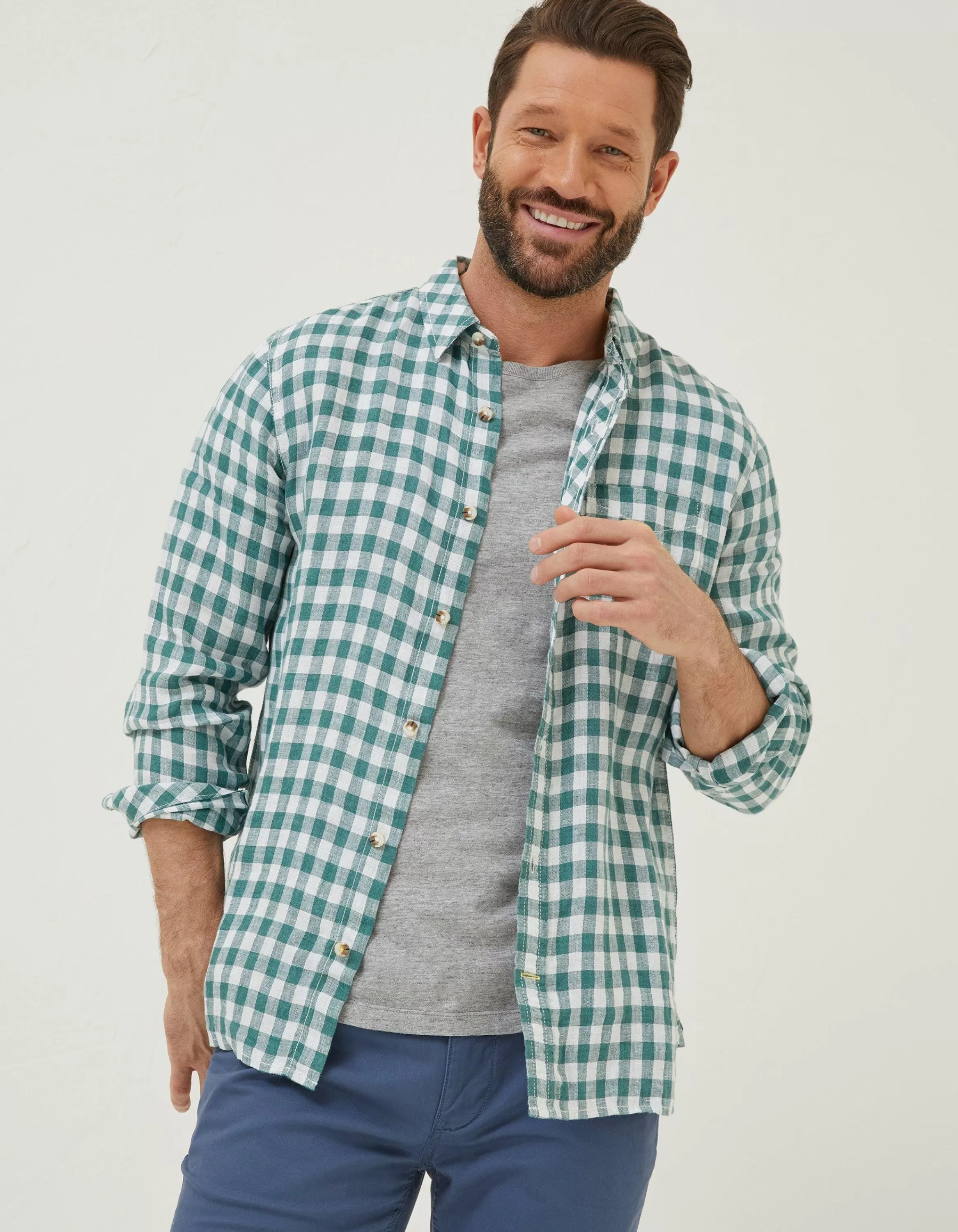 Online FatFace Gingham Linen Shirt Teal Green