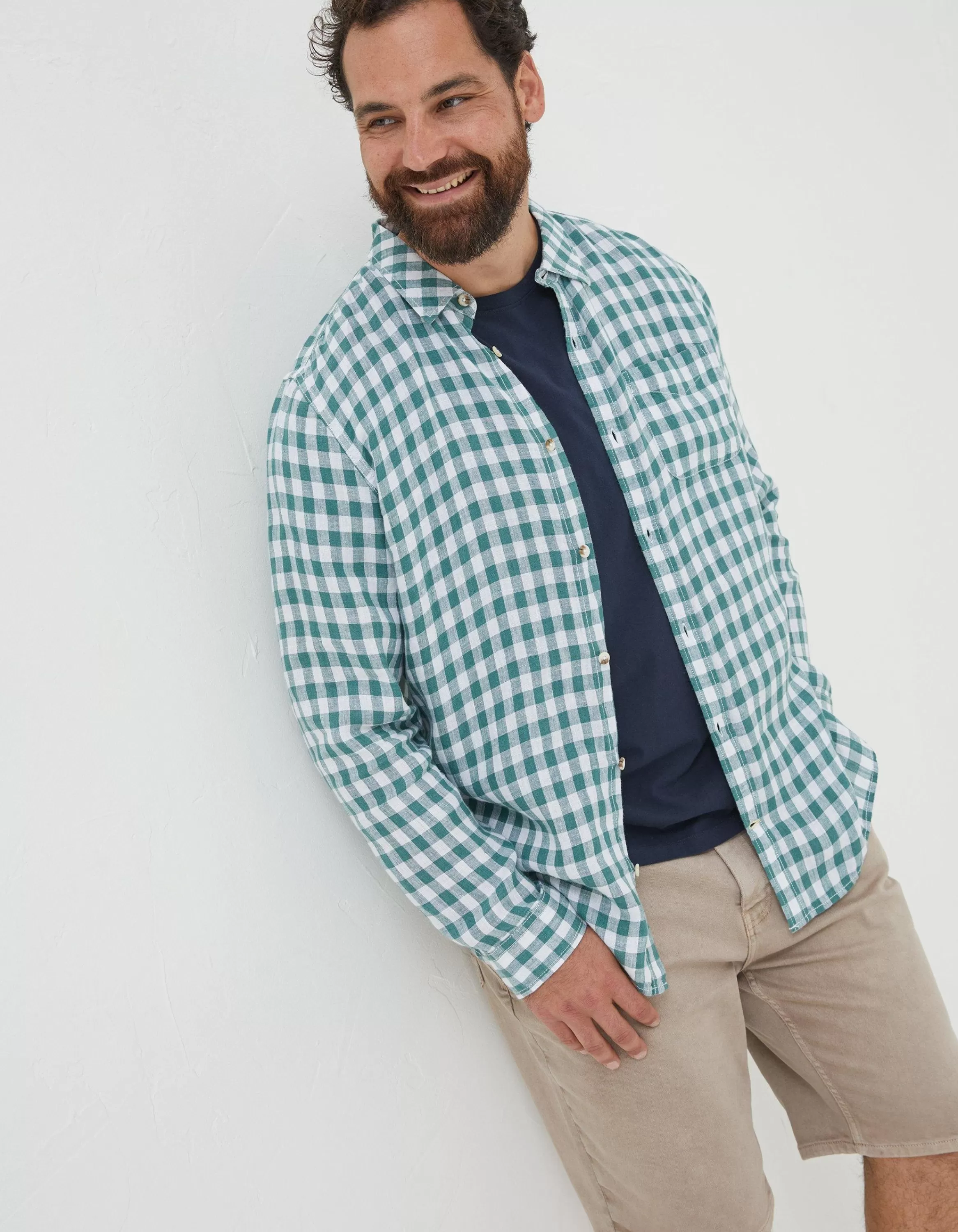 Online FatFace Gingham Linen Shirt Teal Green