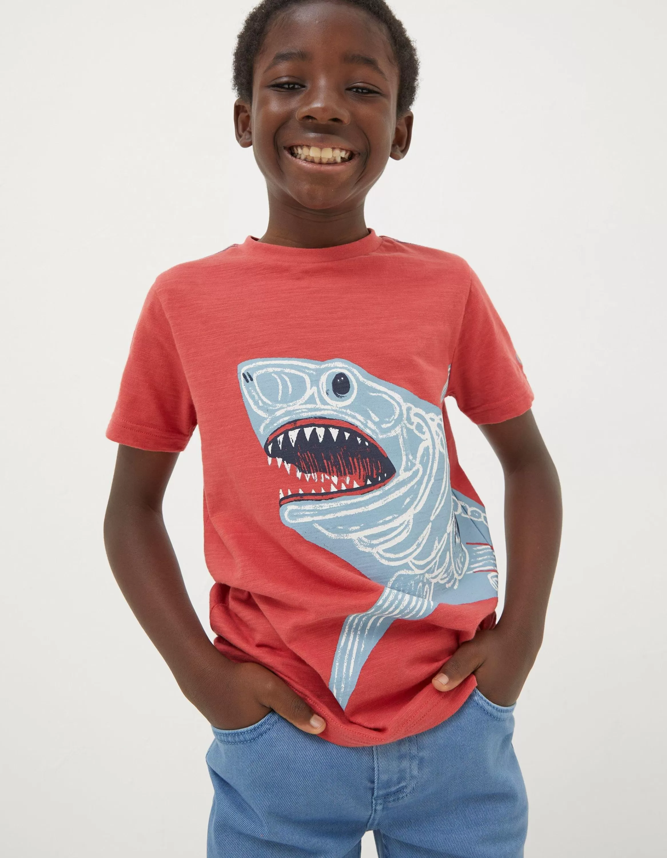 Hot FatFace Glow-In-The-Dark Shark T-Shirt Washed Red