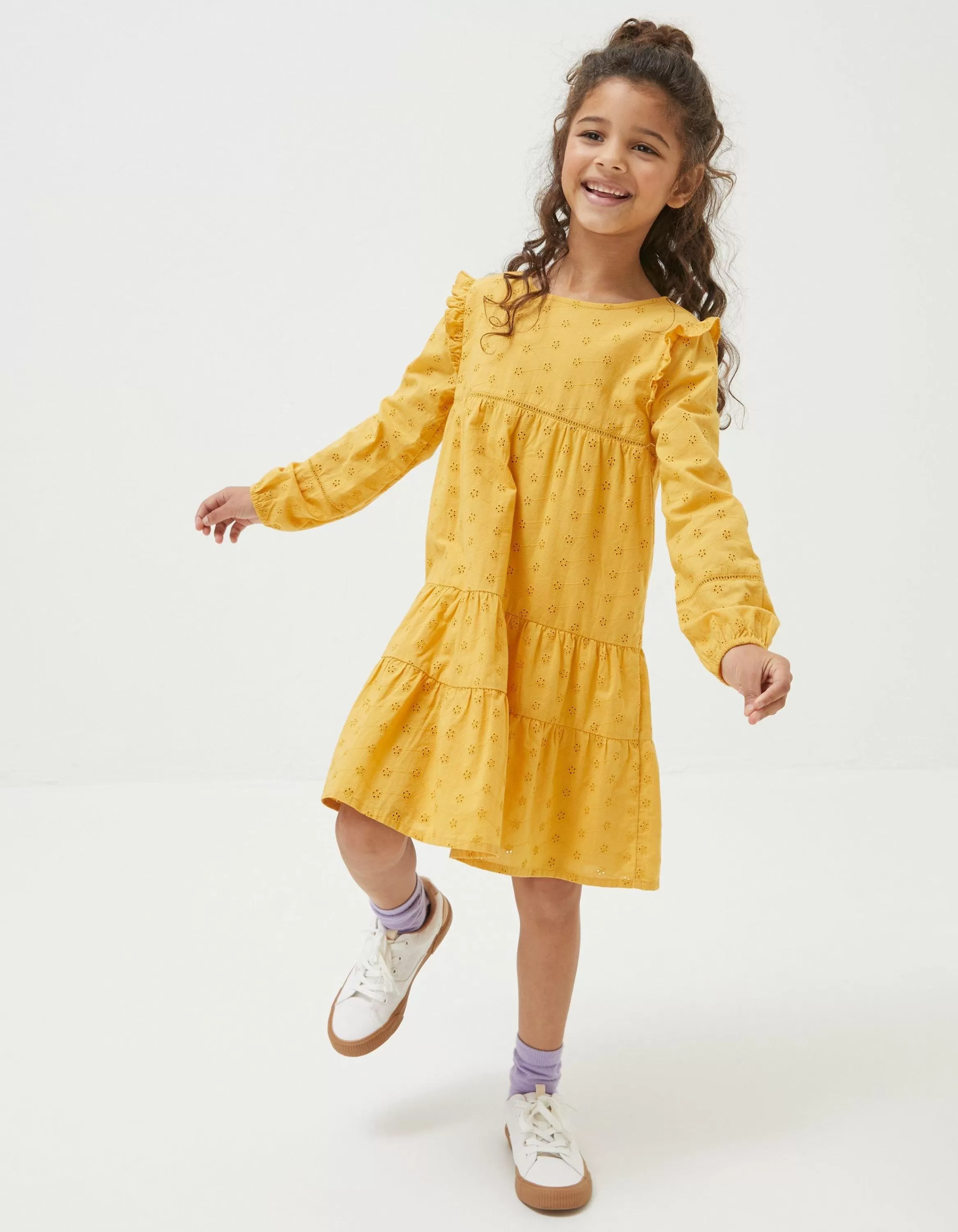 Shop FatFace Grace Broderie Dress Golden Yellow