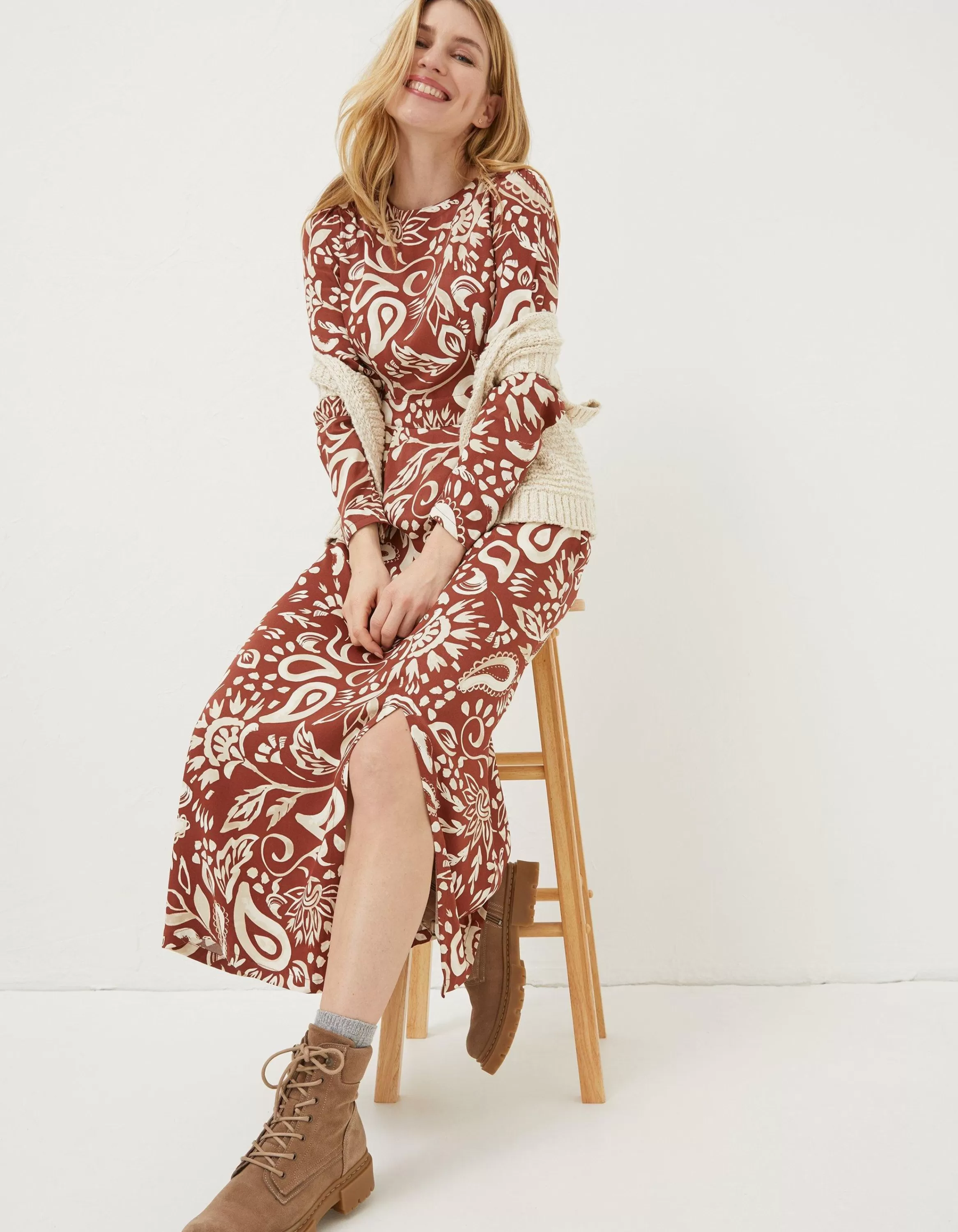 Best FatFace Haldon Watercolour Midi Dress Brown