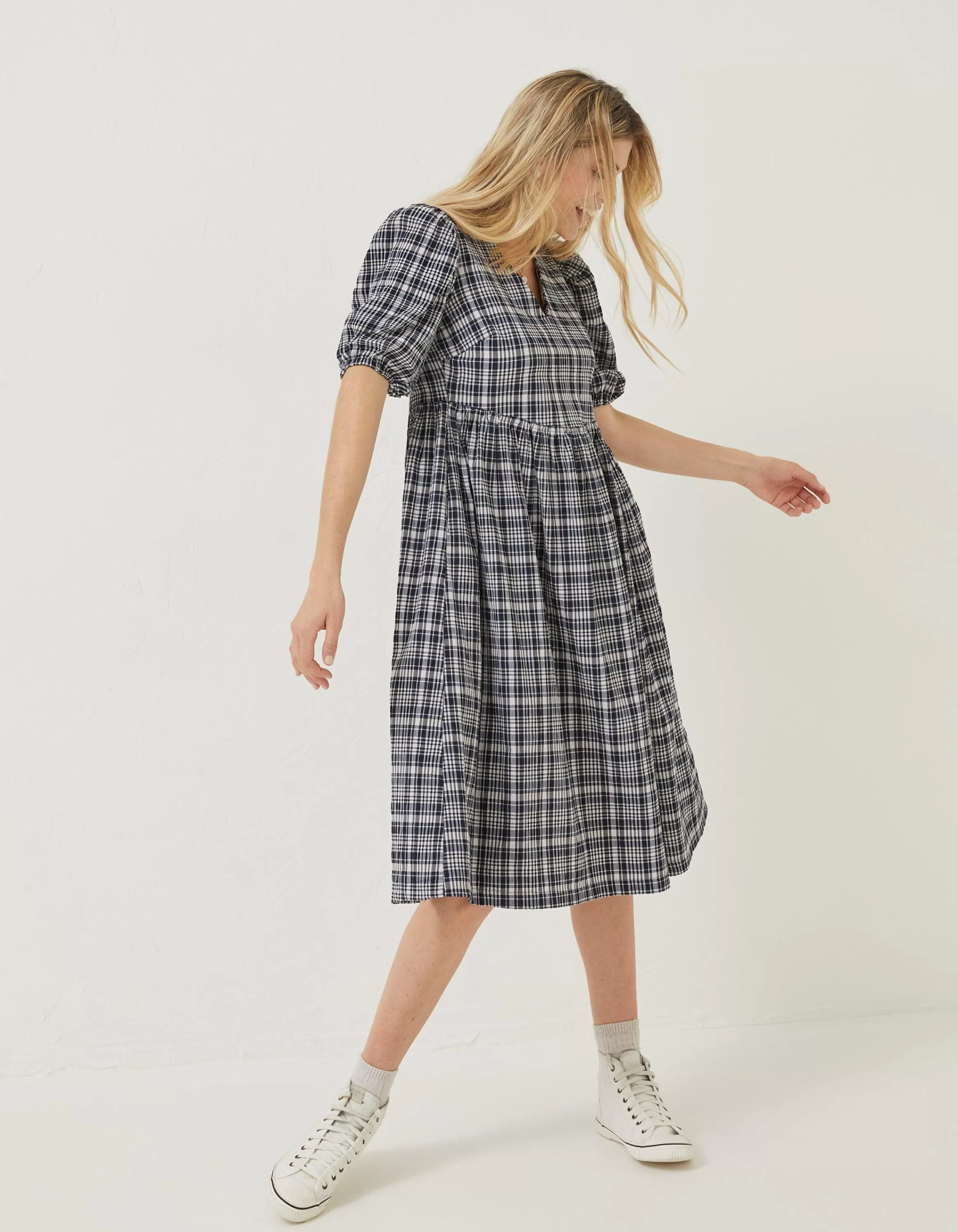 Discount FatFace Hannah Puff Sleeve Check Midi Dress Navy