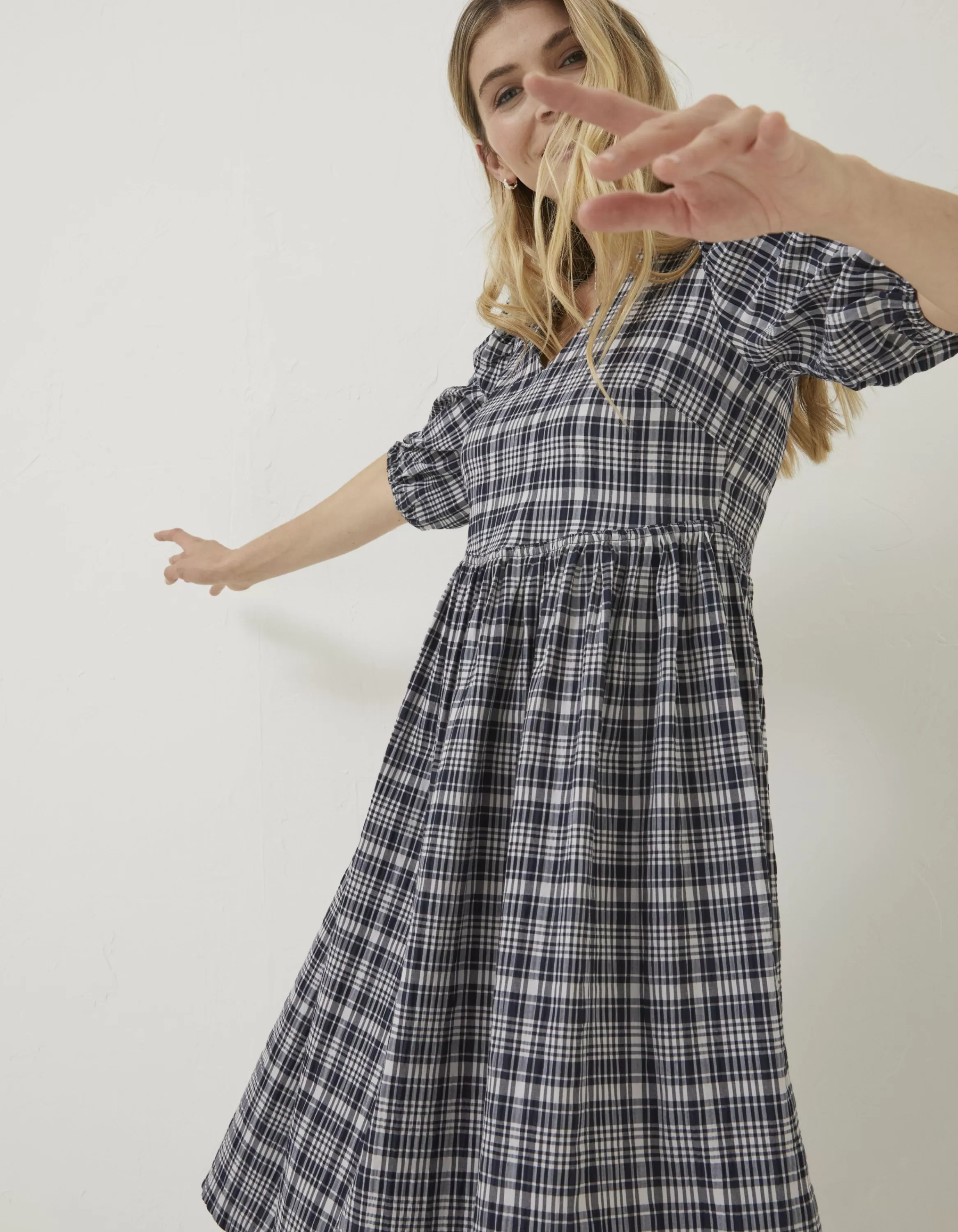 Discount FatFace Hannah Puff Sleeve Check Midi Dress Navy