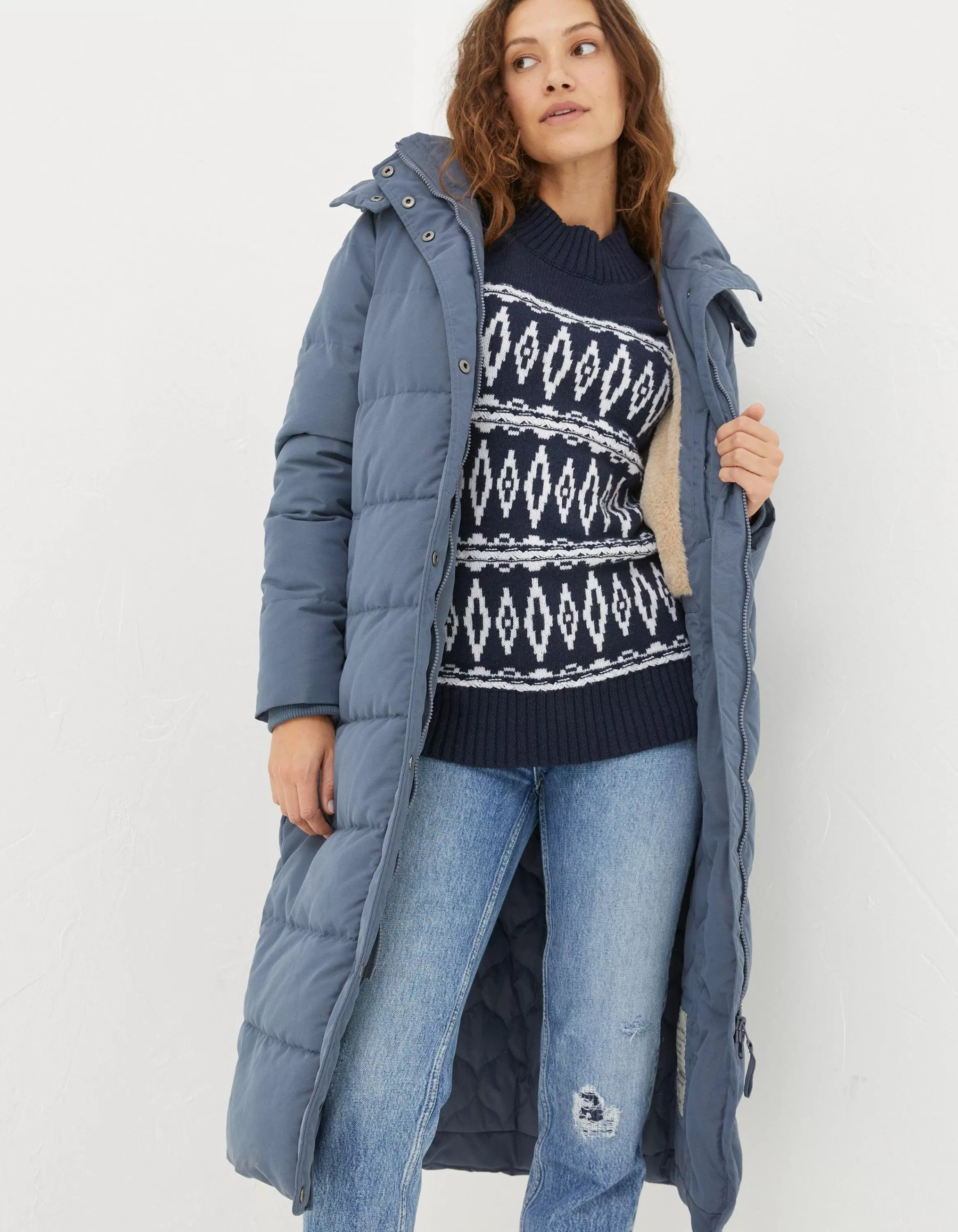 Discount FatFace Harley Long Puffer Coat Dusky Blue