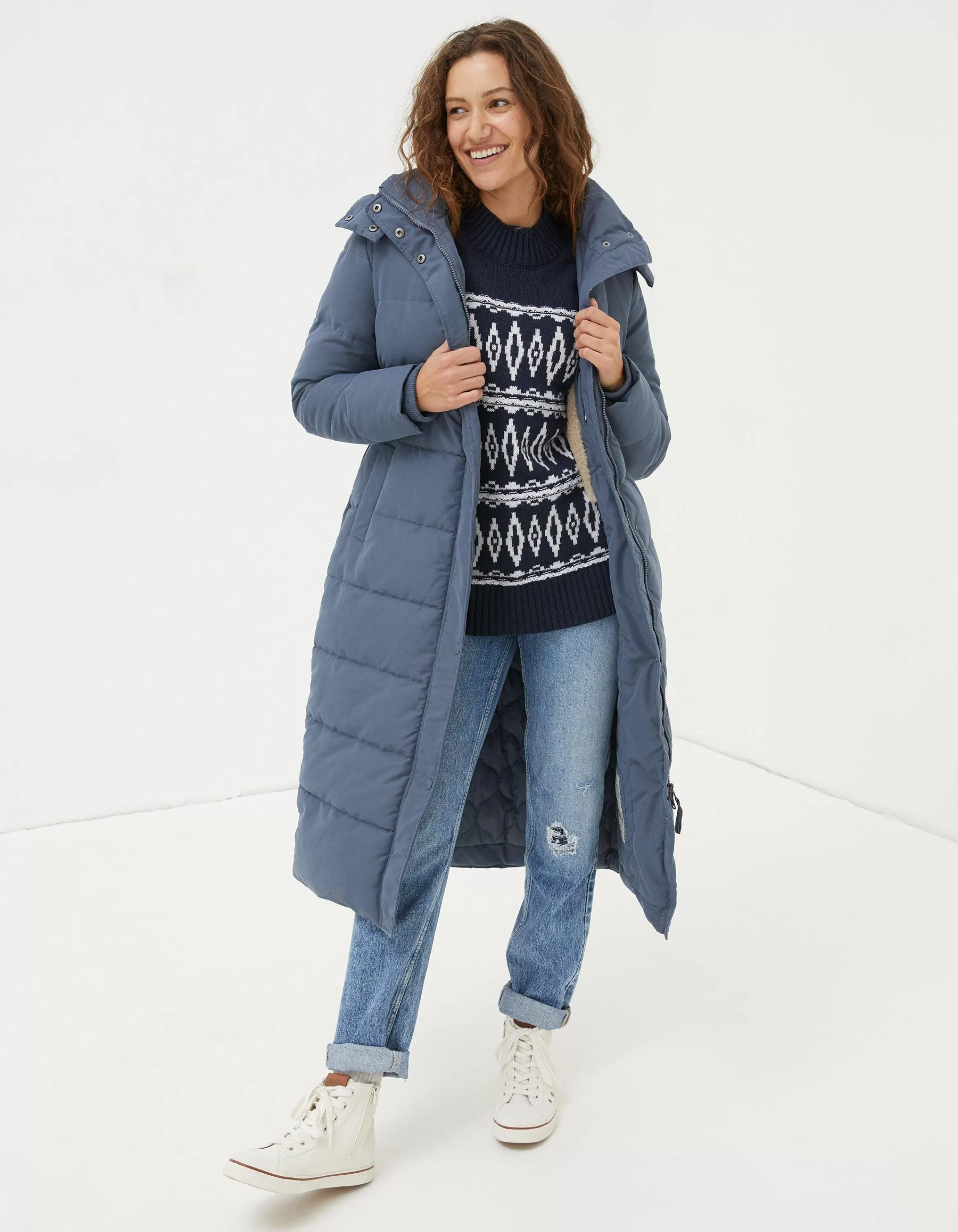 Discount FatFace Harley Long Puffer Coat Dusky Blue