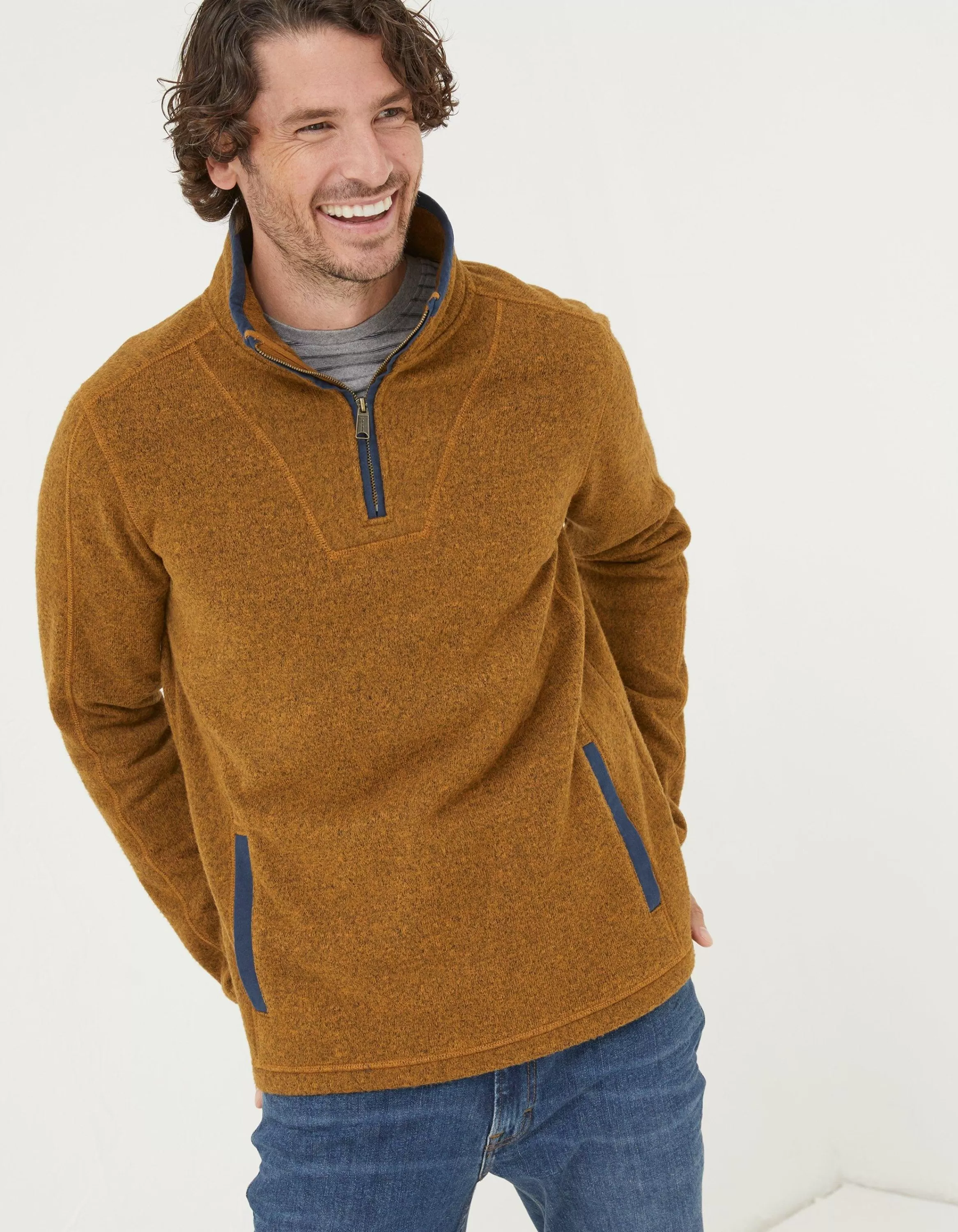 Clearance FatFace Haxby Fleece Half Neck Sweatshirt Vintage Gold