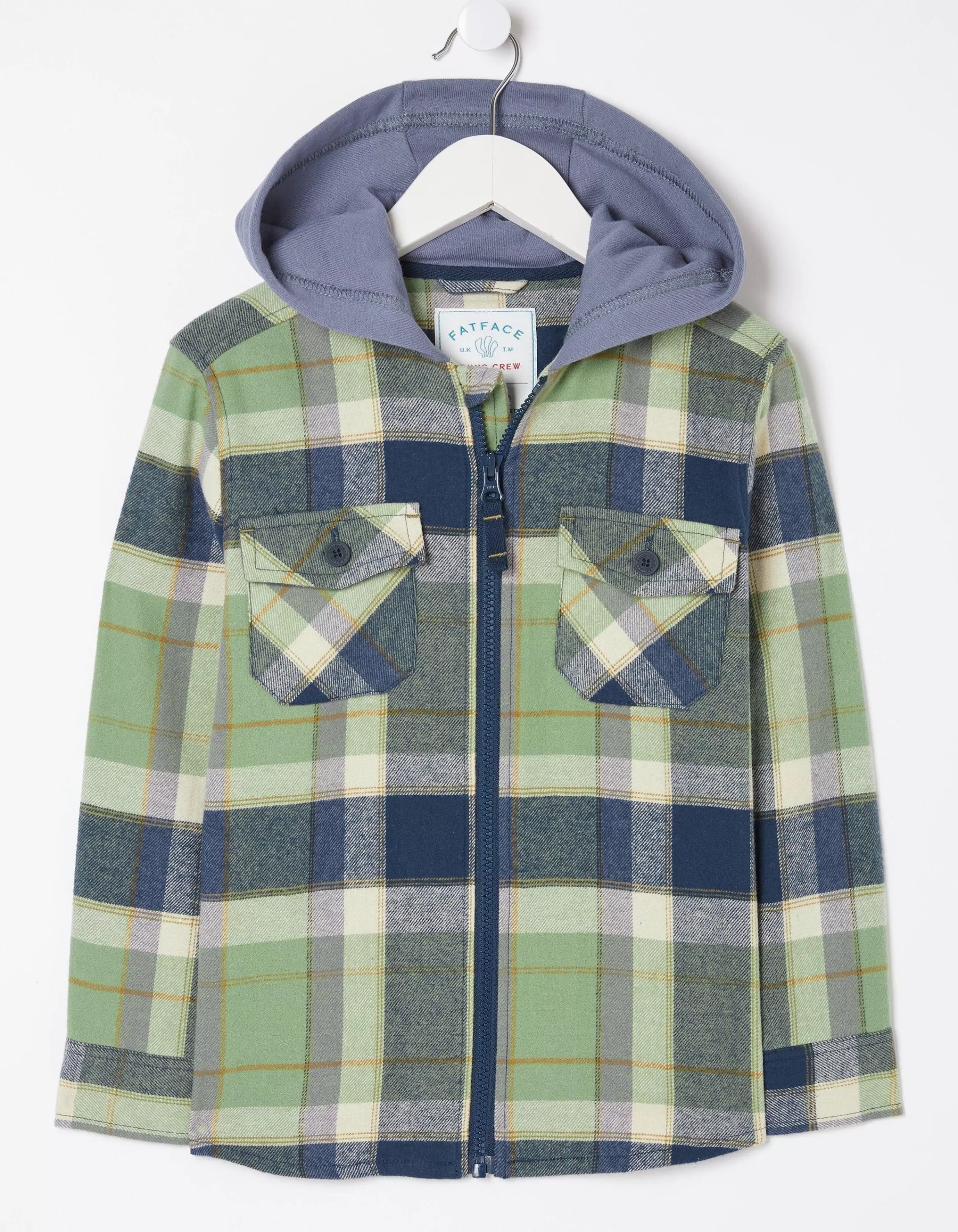 Shop FatFace Hooded Check Shacket Washed Green