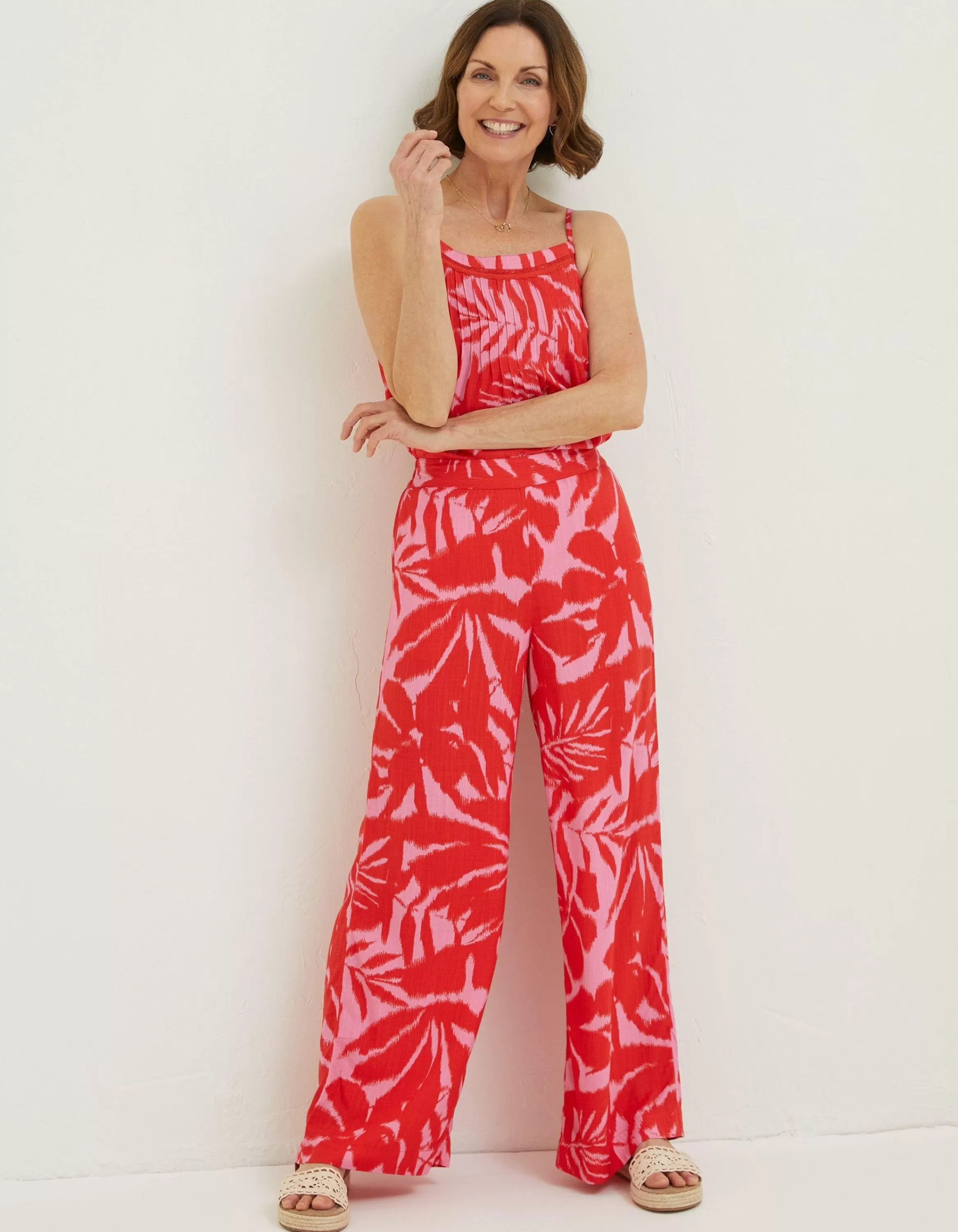 Sale FatFace Ikat Leaves Palazzo Trousers Bright Red