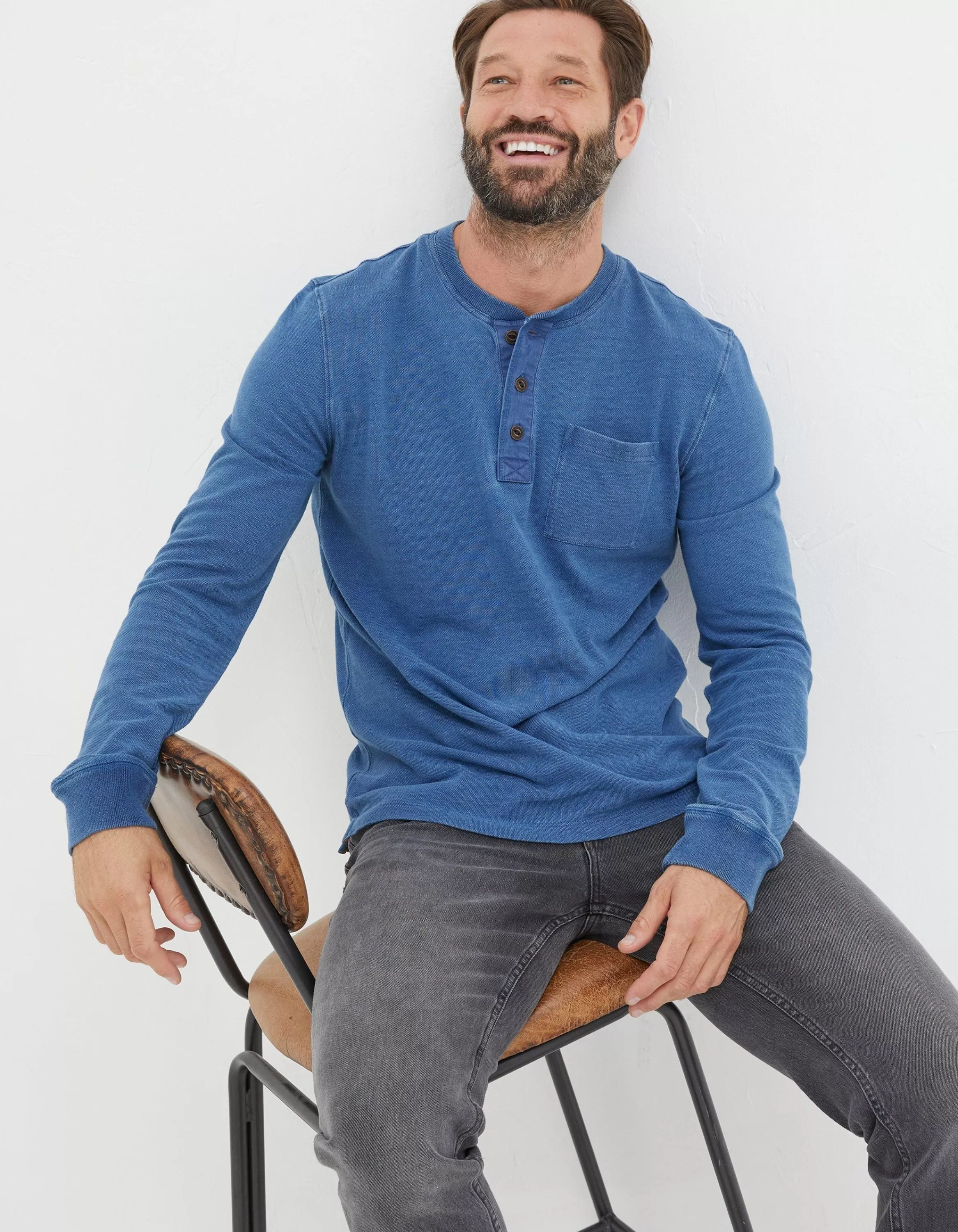 Best FatFace Indigo Henley T-Shirt Indigo Blue