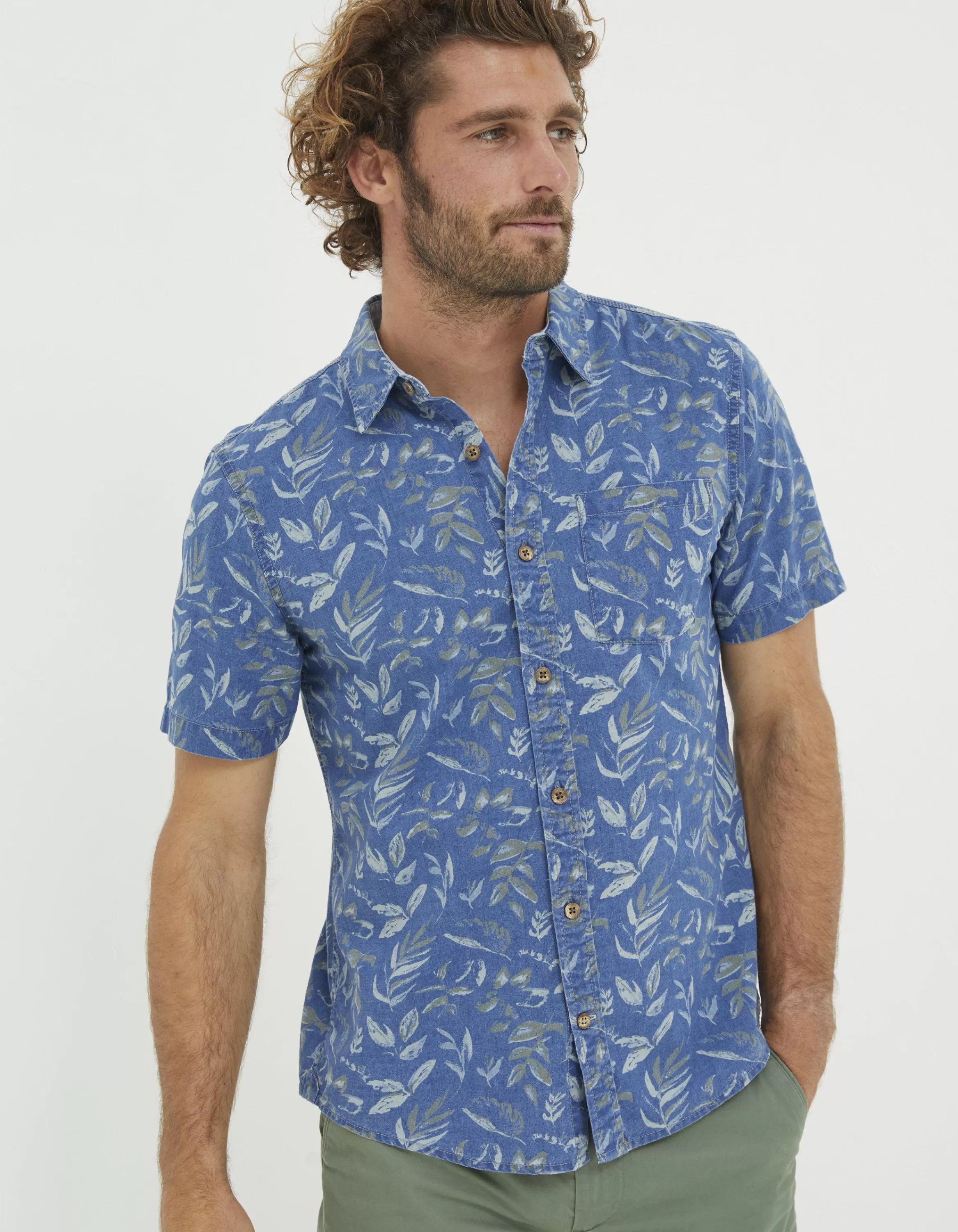 Cheap FatFace Indigo Leaf Print Shirt Blue