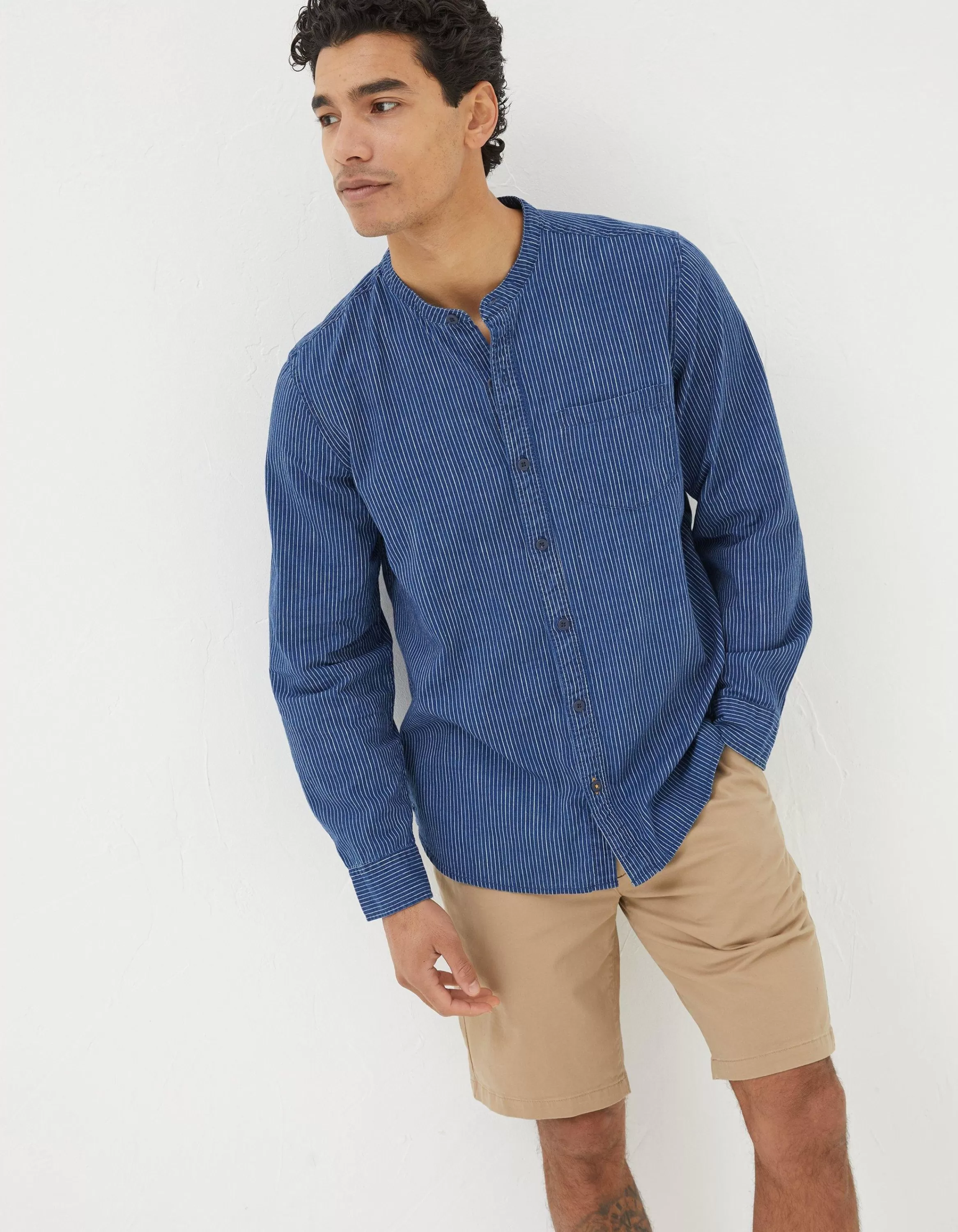 Discount FatFace Indigo Stripe Grandad Shirt Washed Blue