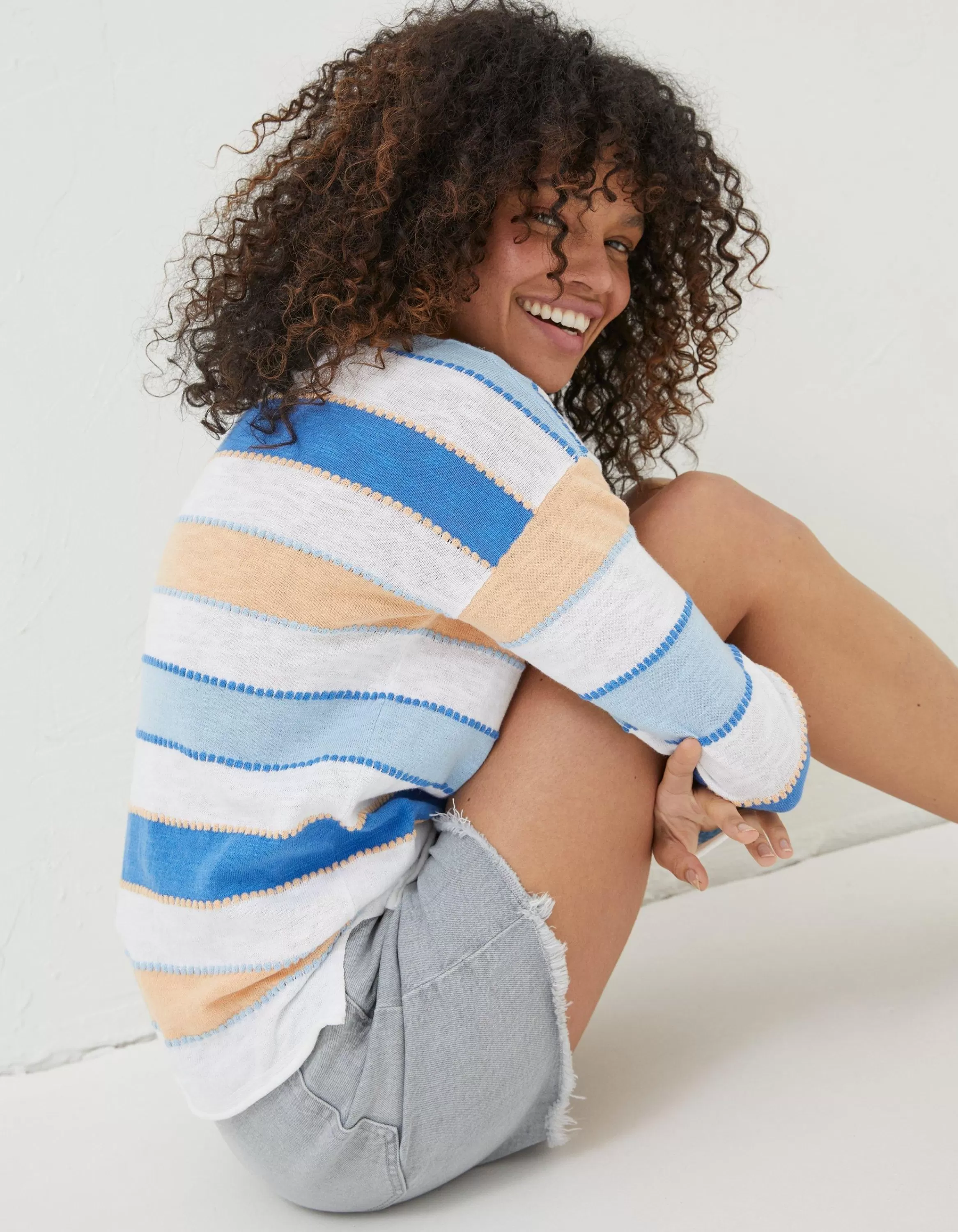 Clearance FatFace Isobella Cotton Linen Stripe Jumper Blue