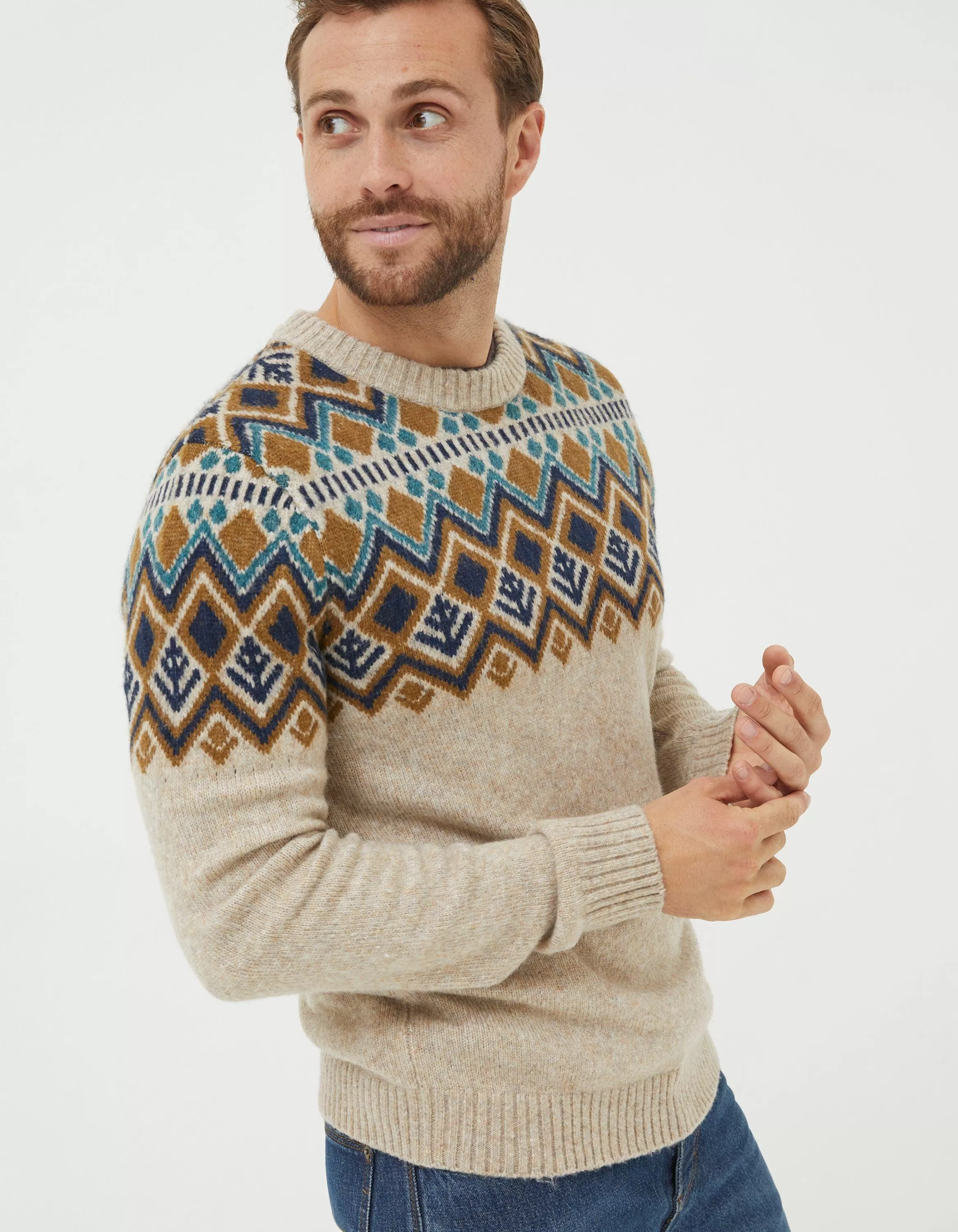 New FatFace Ives Crew Jumper Oatmeal