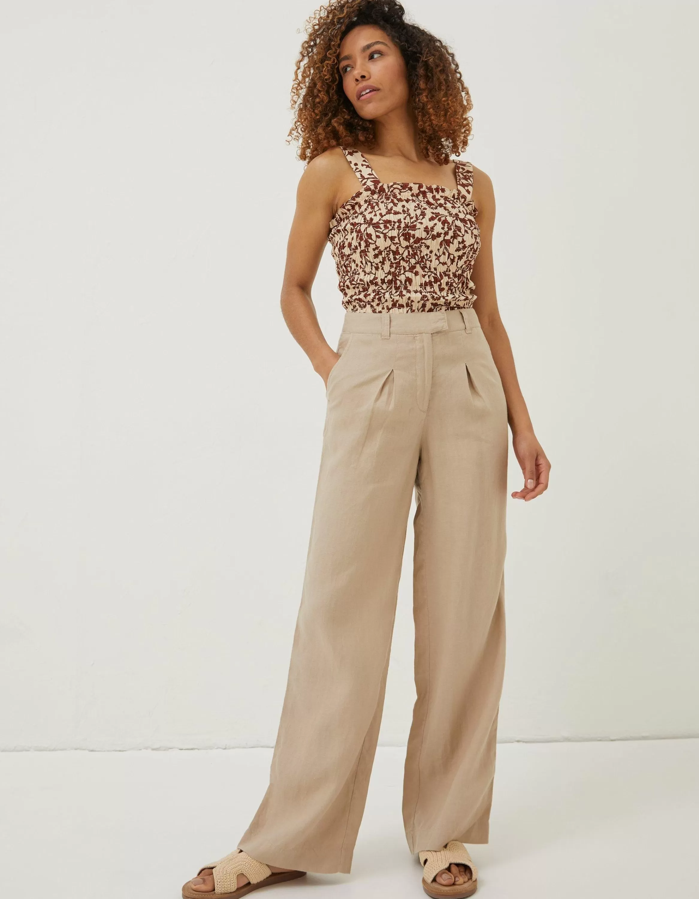 New FatFace Ives Wide Leg Linen Trousers Natural