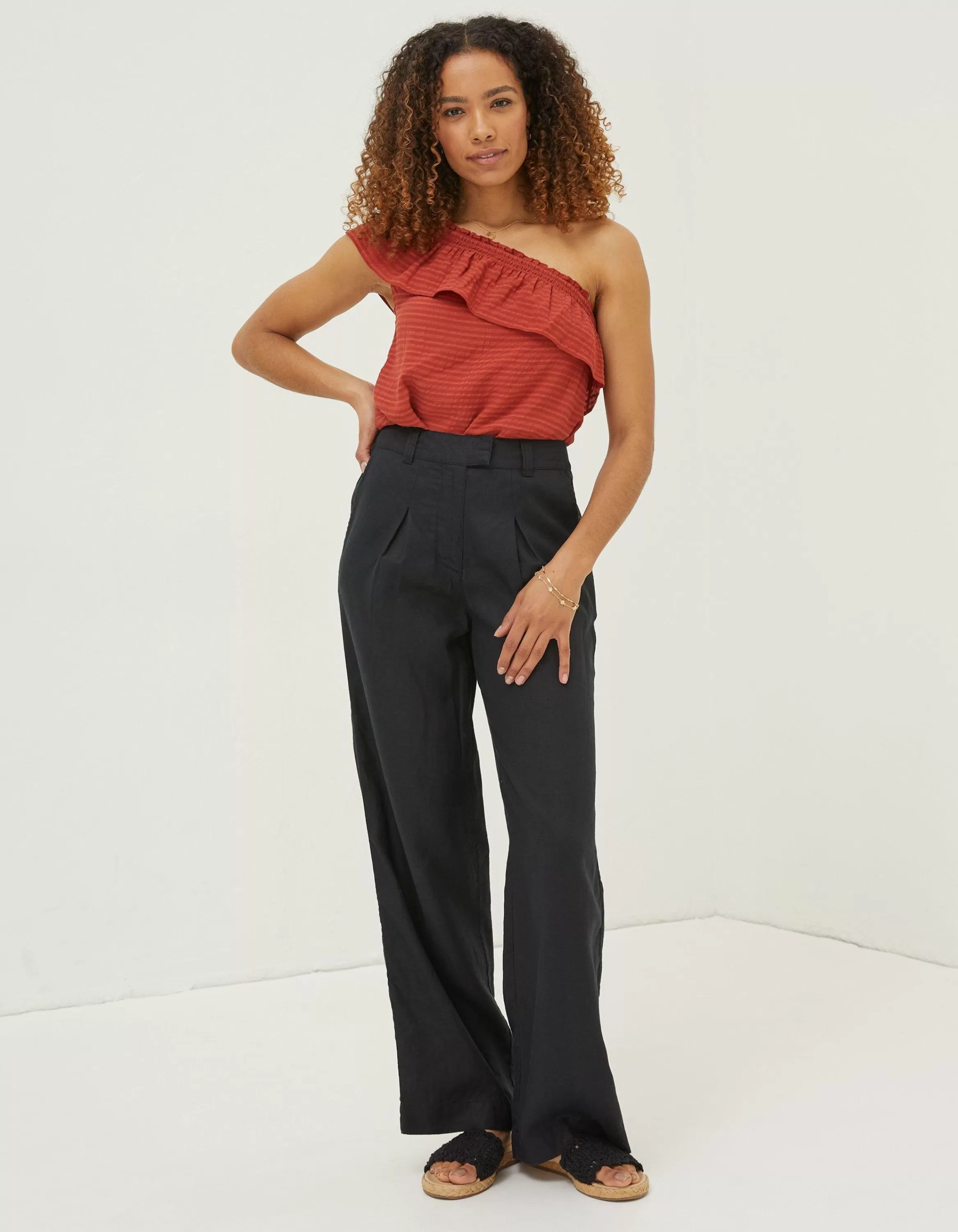 Hot FatFace Ives Wide Leg Linen Trousers Black