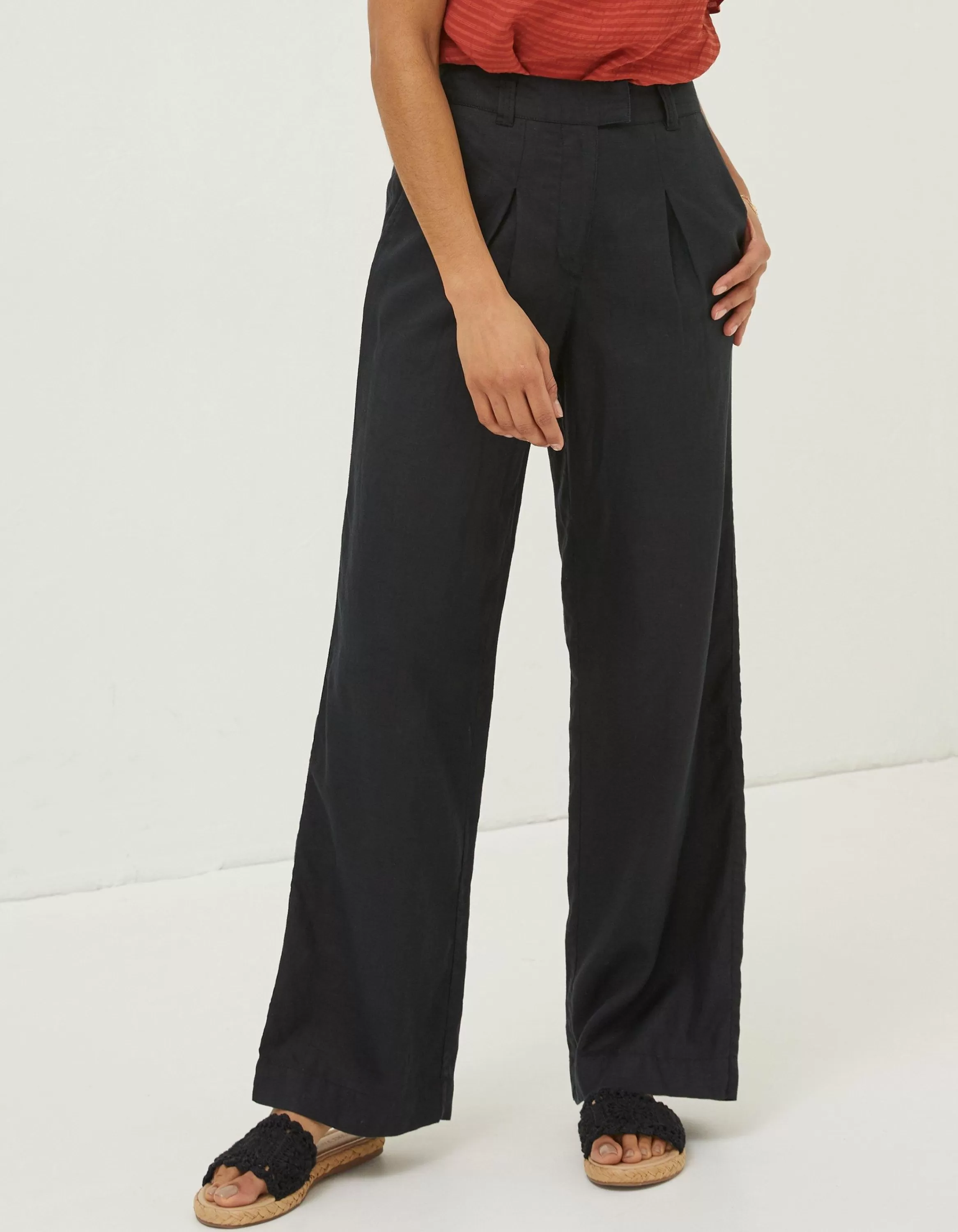 Hot FatFace Ives Wide Leg Linen Trousers Black