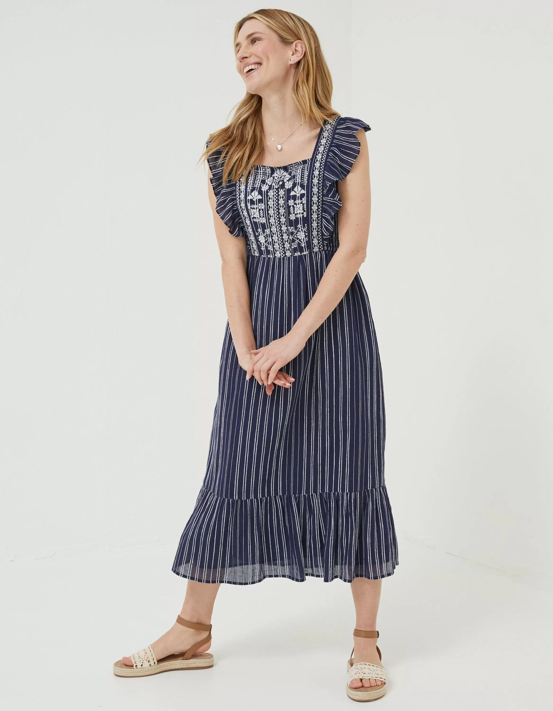 Online FatFace Izzi Stripe Embroidered Midi Dress Navy