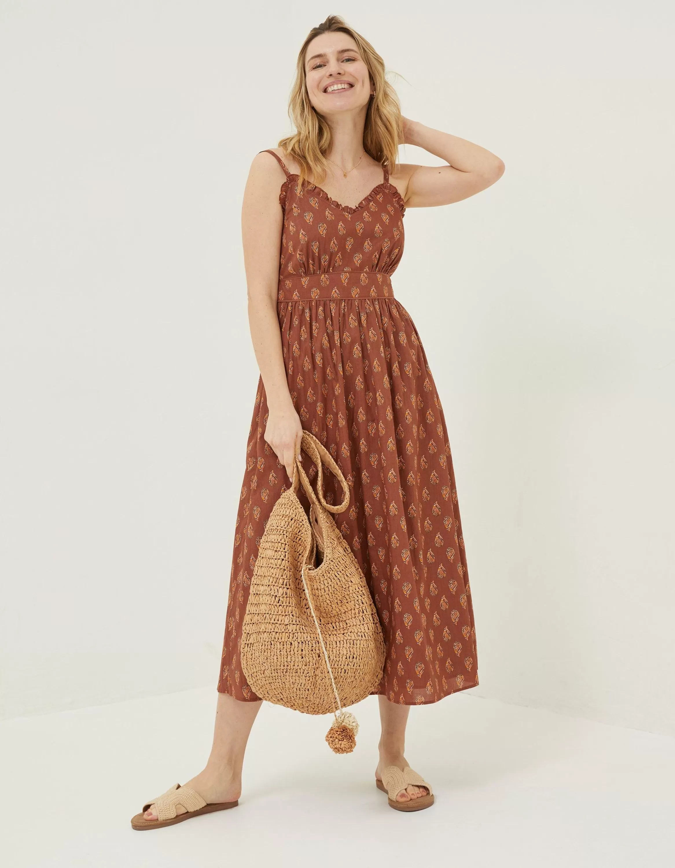 Store FatFace Jayden Woodblock Midi Dress Tan