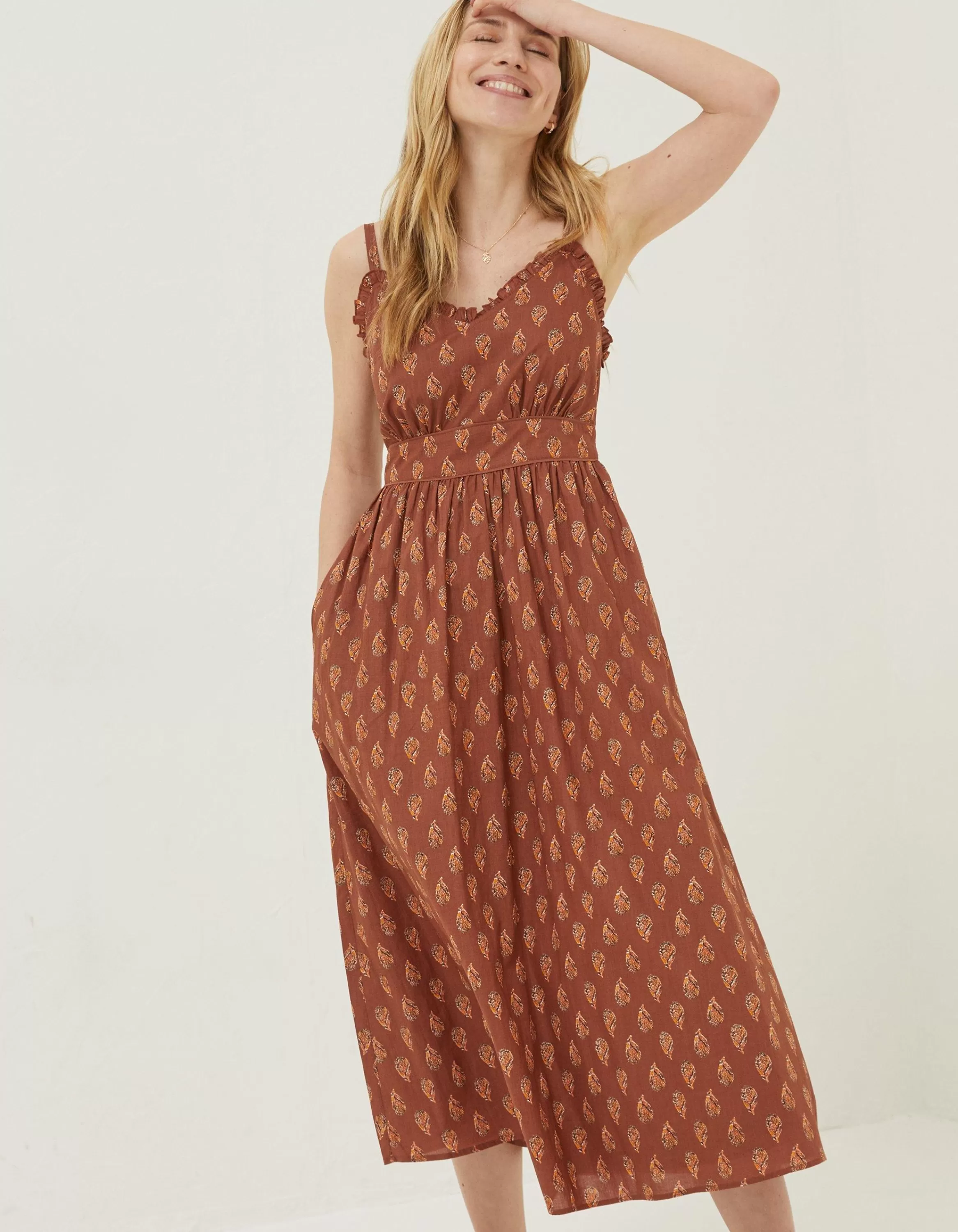 Store FatFace Jayden Woodblock Midi Dress Tan