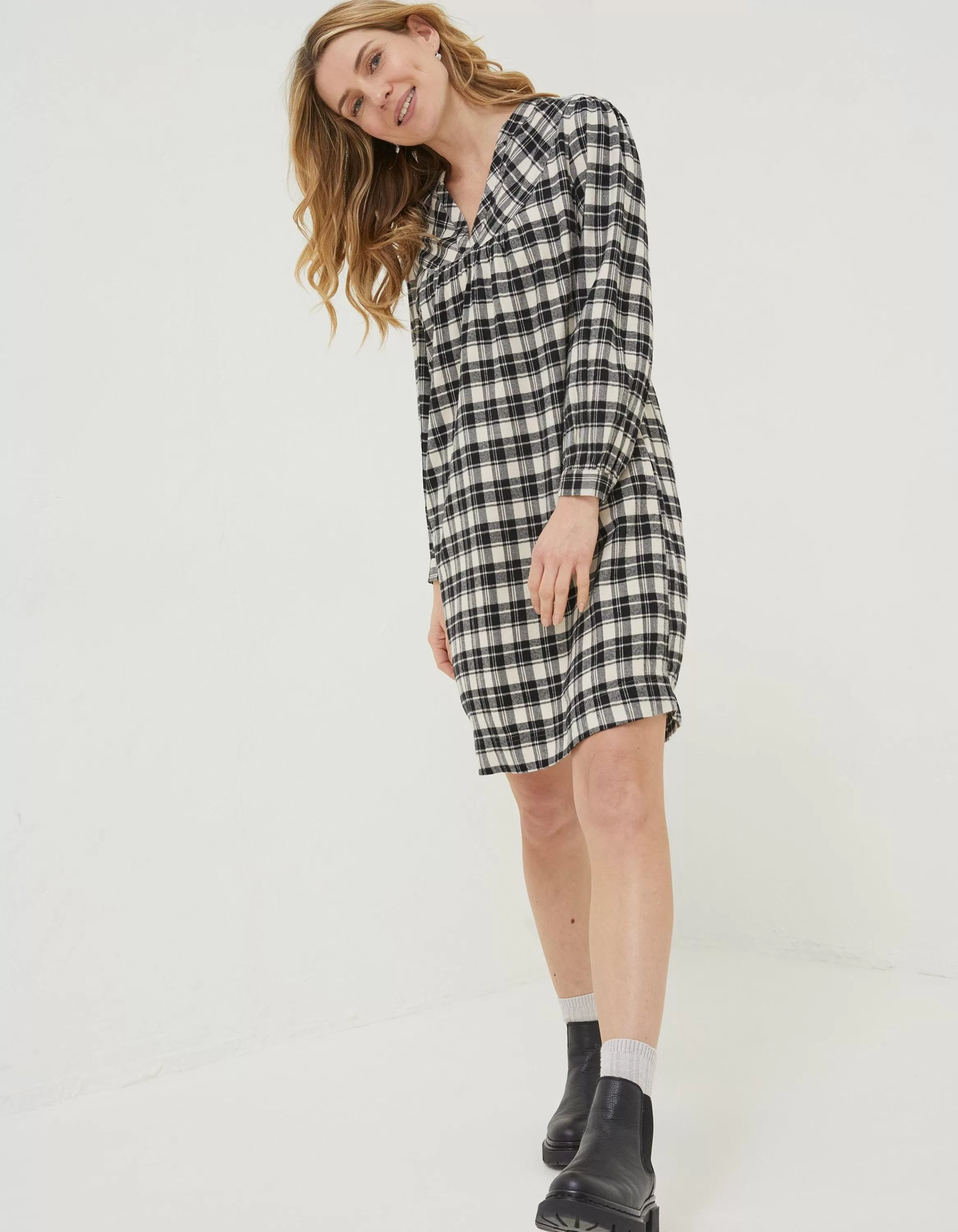 Online FatFace Jessie Check Smock Dress Ivory