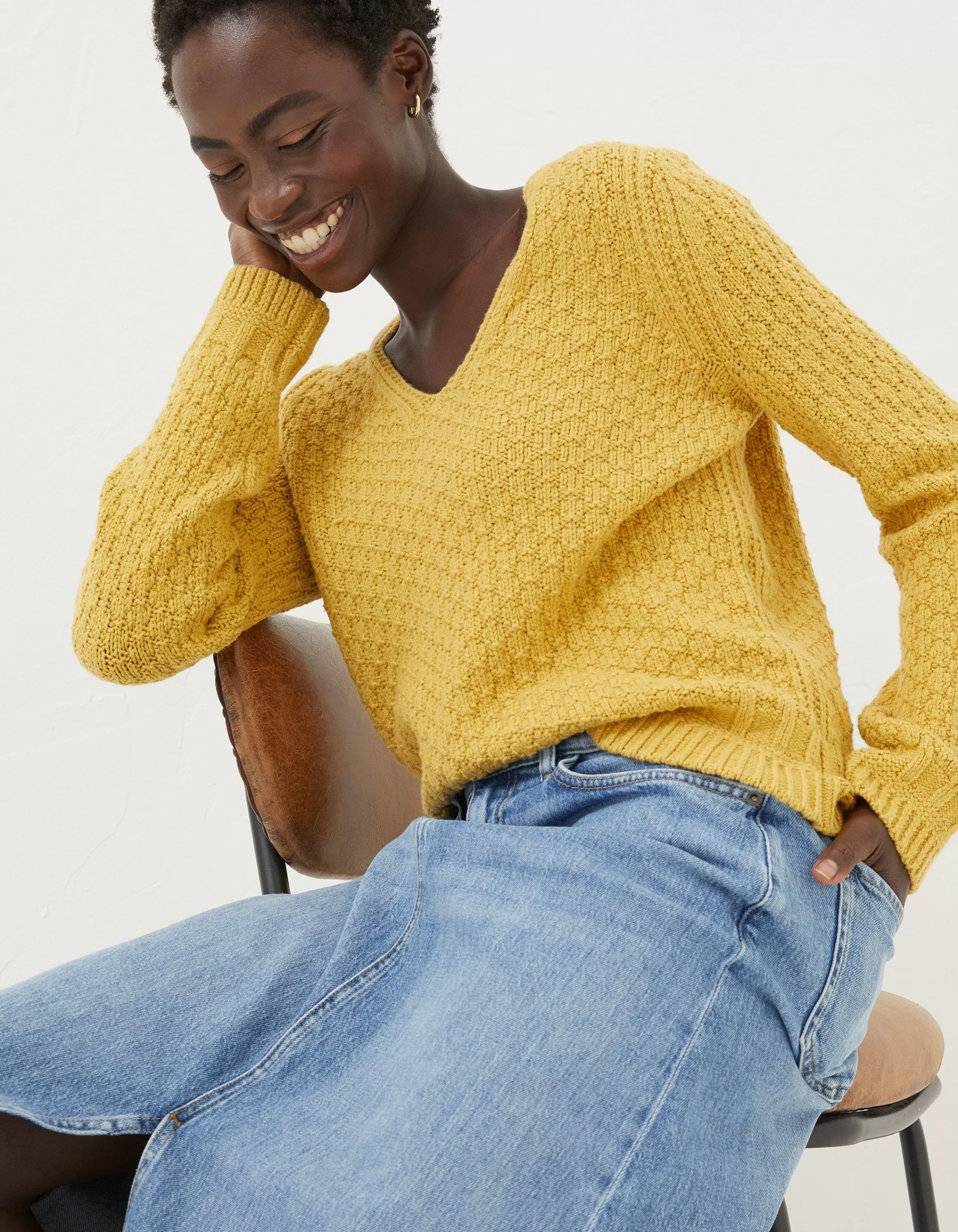 Discount FatFace Josie V Neck Jumper Yellow