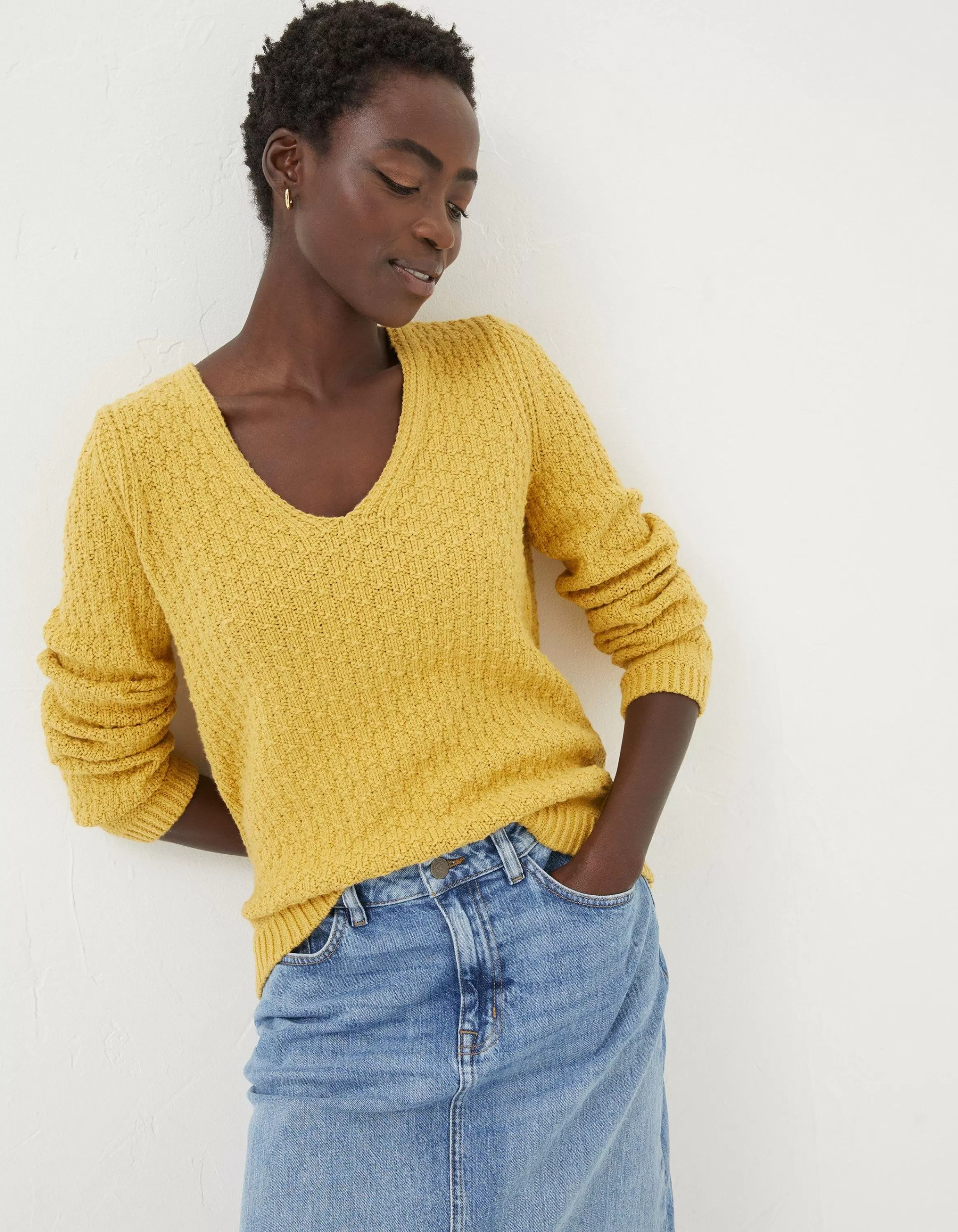 Discount FatFace Josie V Neck Jumper Yellow