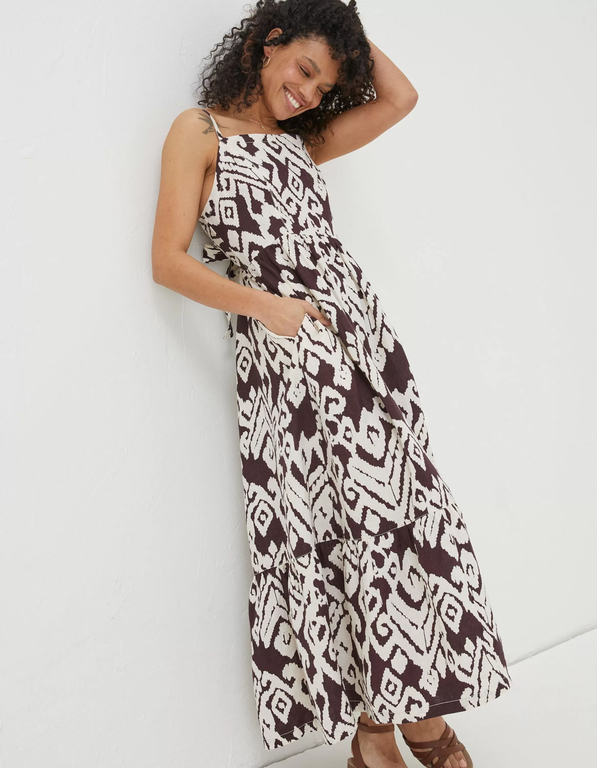 Discount FatFace Julien Ikat Linen Midi Dress Dark Brown