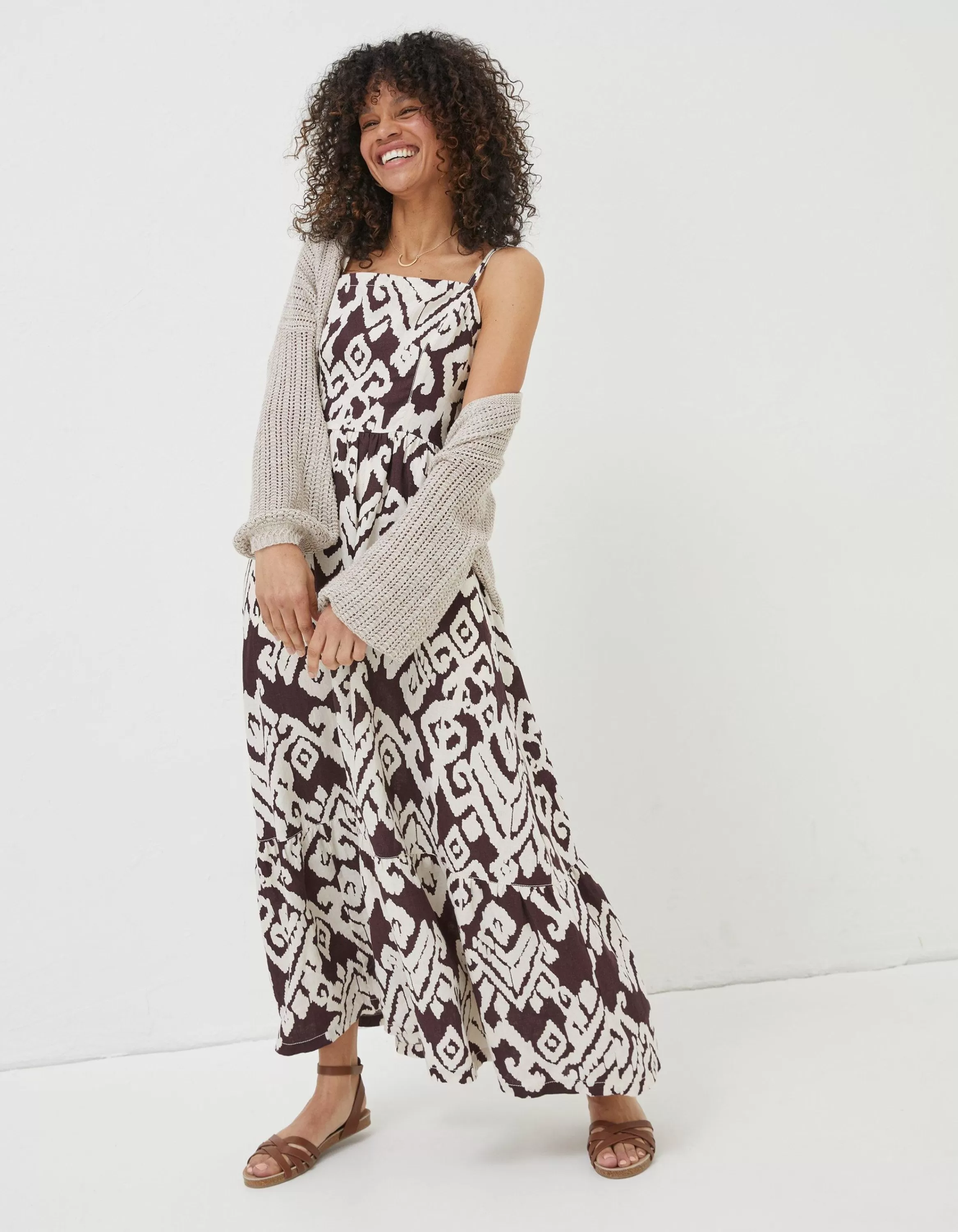 Discount FatFace Julien Ikat Linen Midi Dress Dark Brown