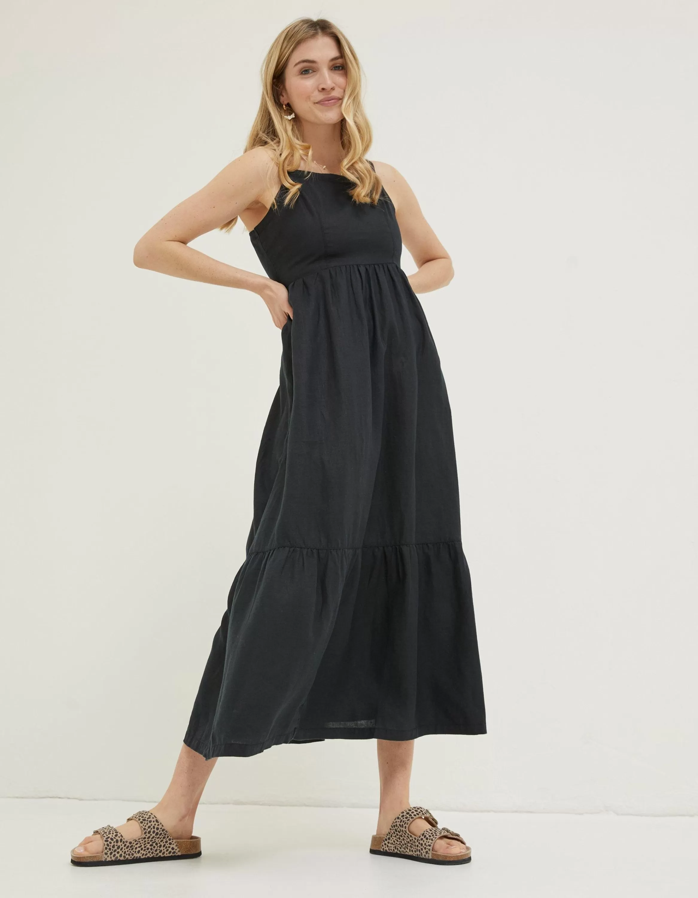 Sale FatFace Julien Tie Back Linen Midi Dress Black