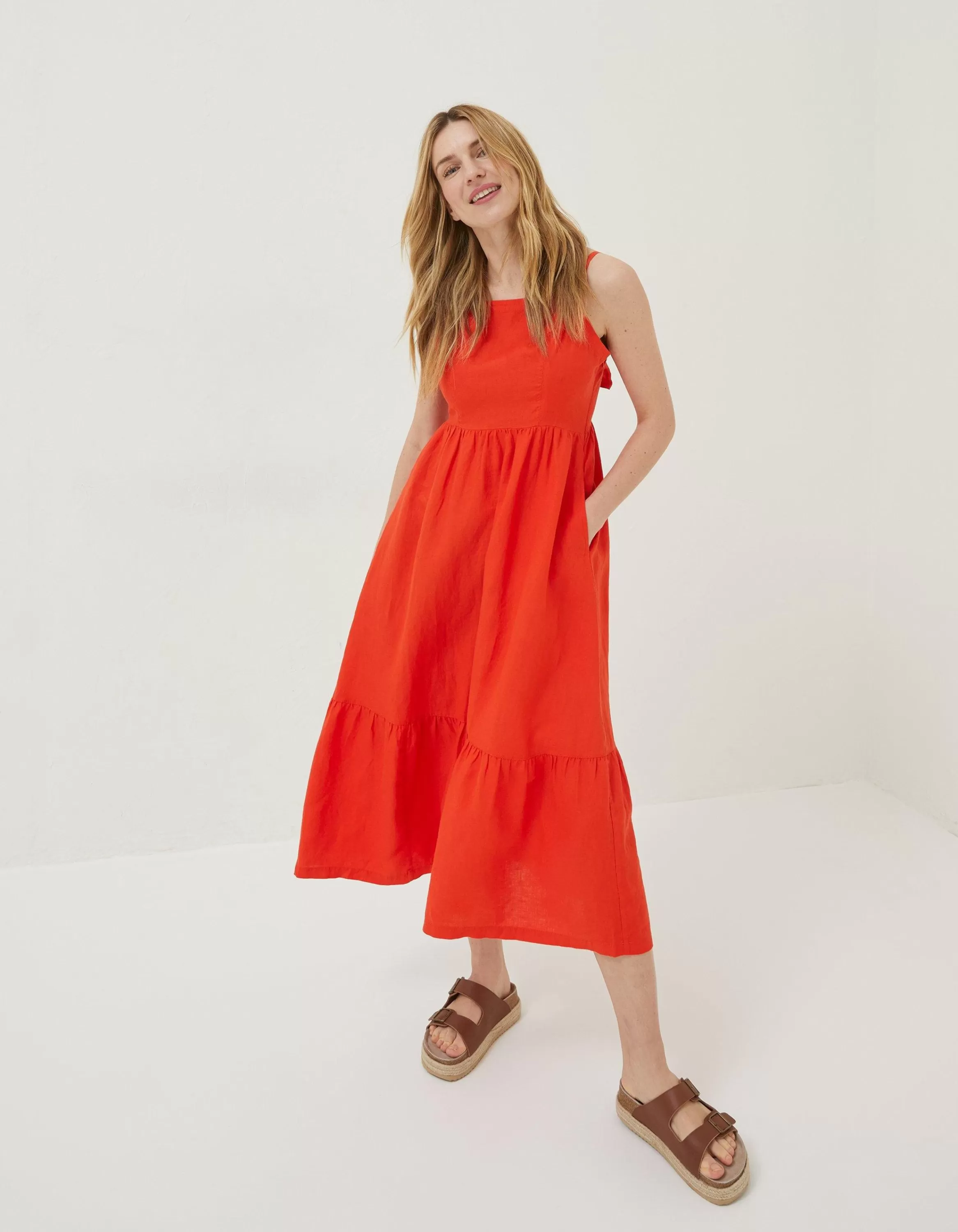 Discount FatFace Julien Tie Back Linen Midi Dress Bright Red