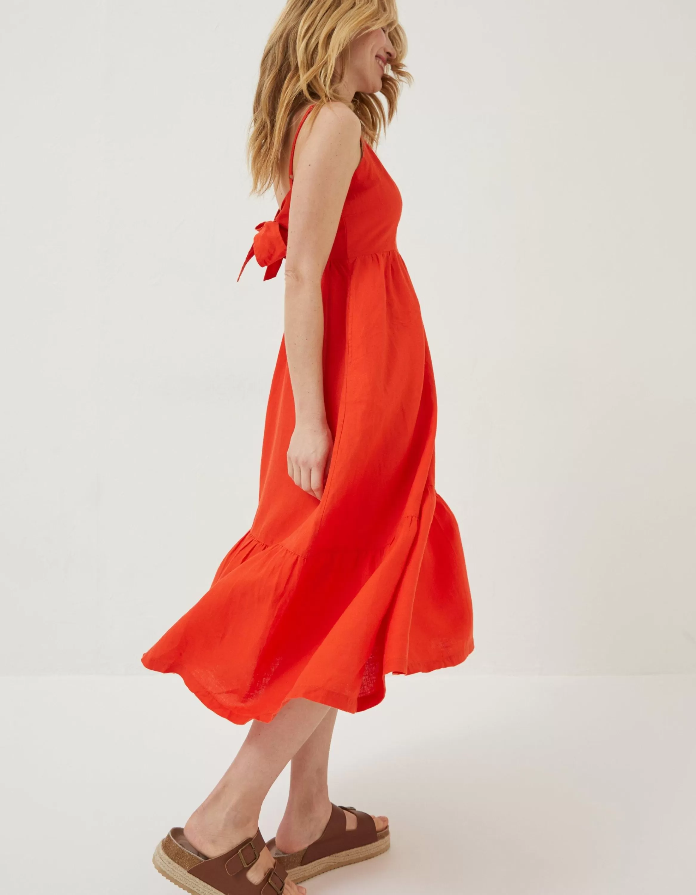 Discount FatFace Julien Tie Back Linen Midi Dress Bright Red