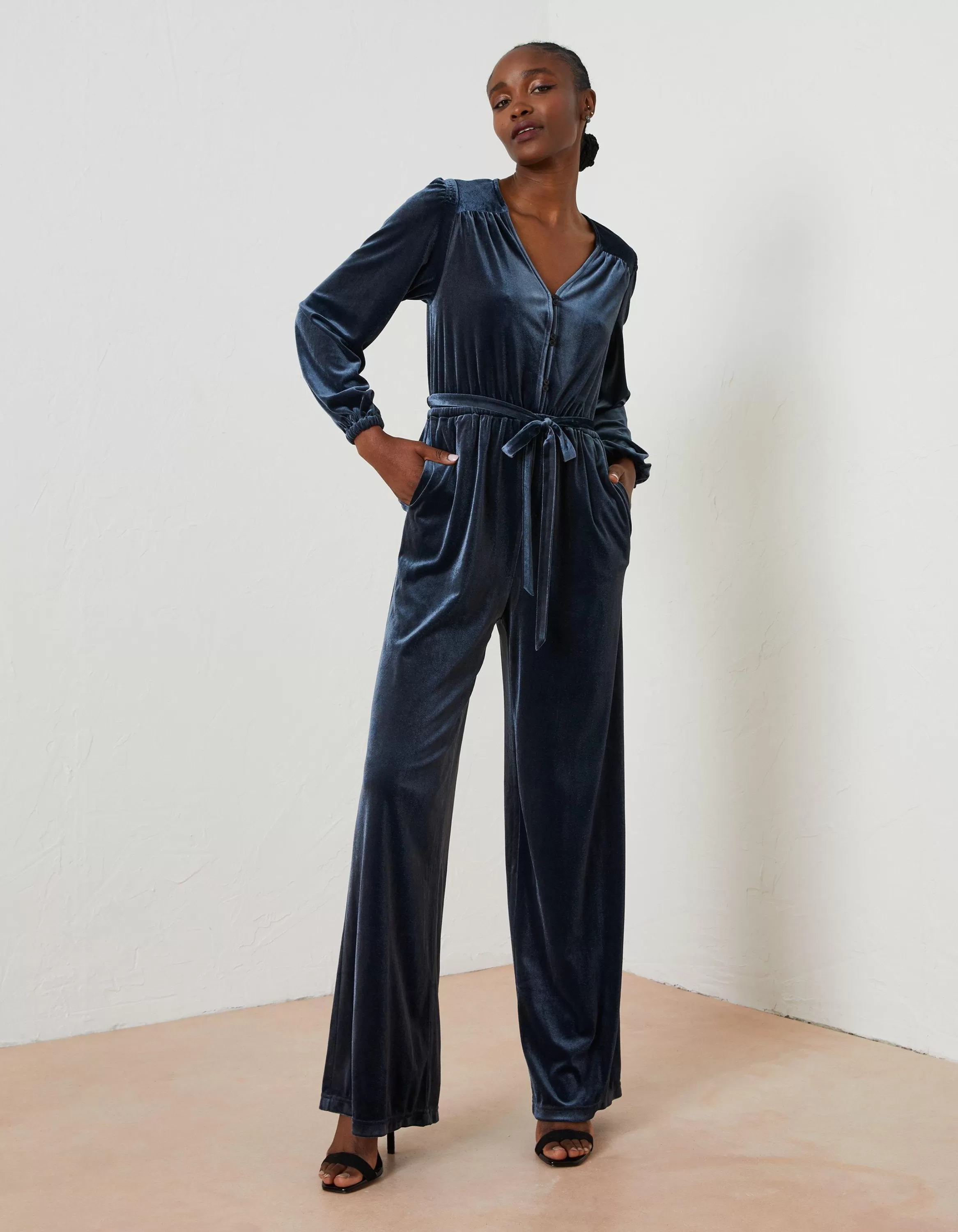 New FatFace Juniper Velvet Jumpsuit Dark Navy