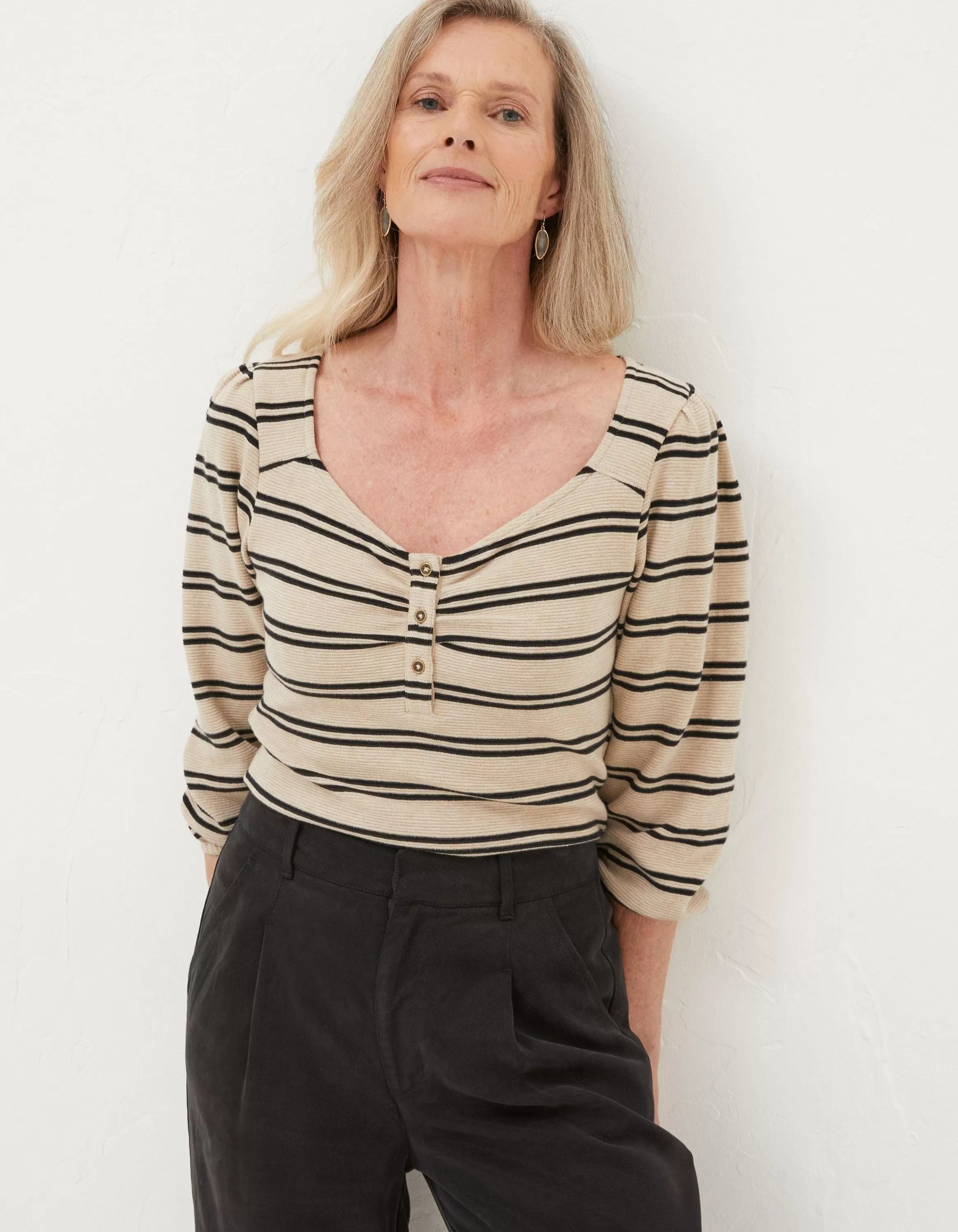 Shop FatFace Kara Stripe Henley Top Ivory