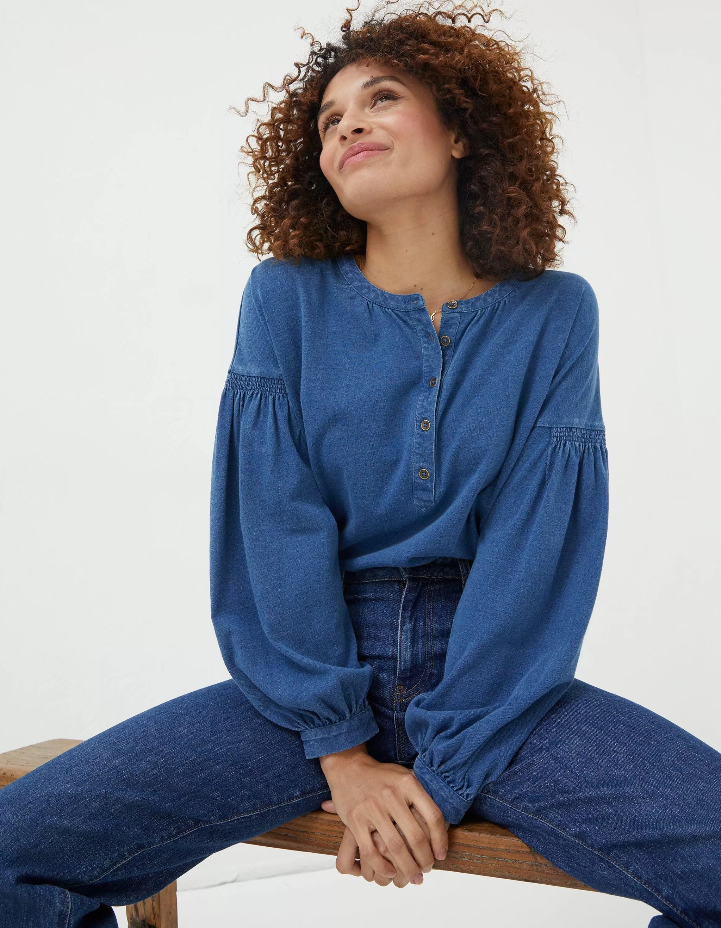 Sale FatFace Keira Indigo Henley Top Indigo Blue