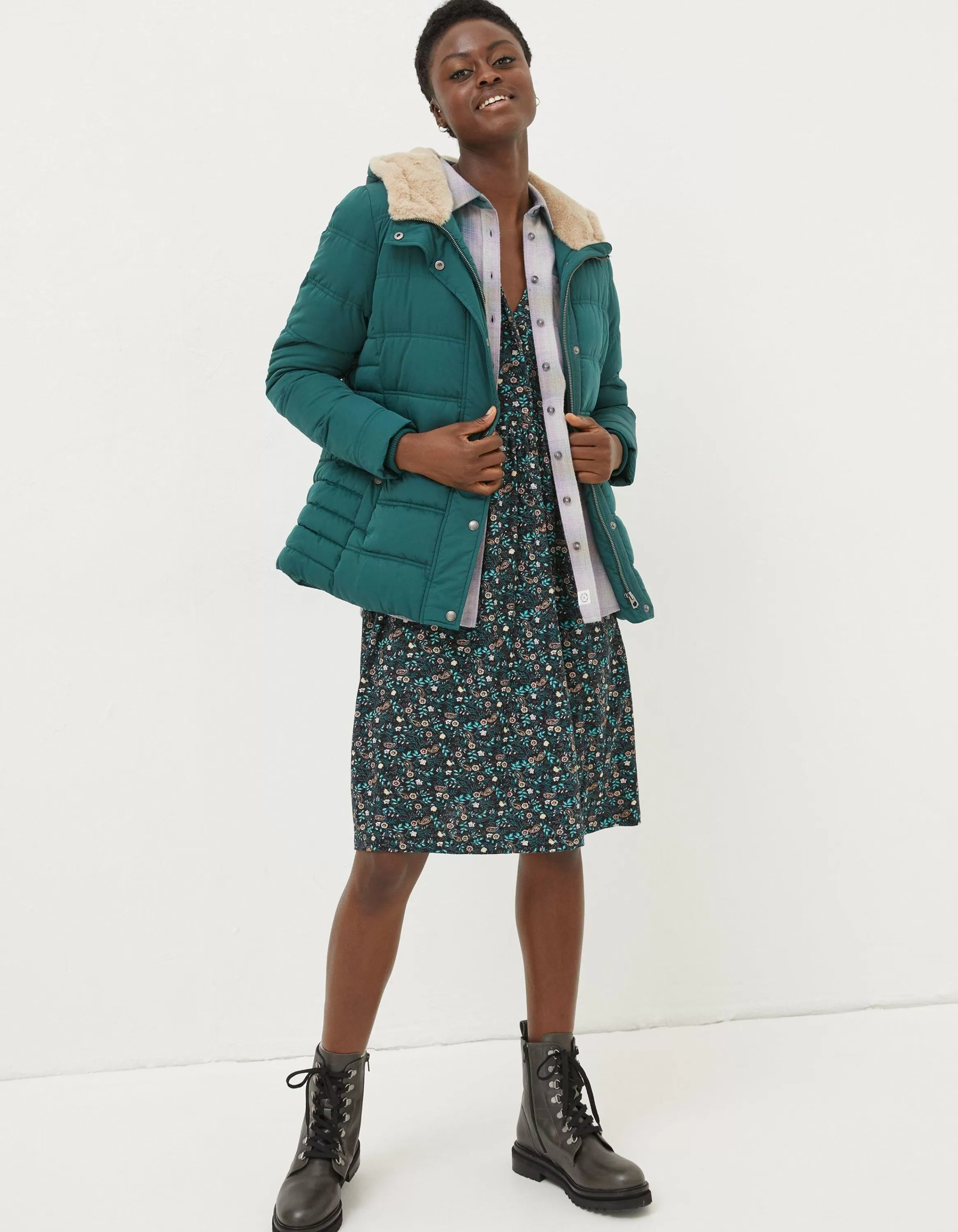 Hot FatFace Lara Puffer Coat Dark Teal