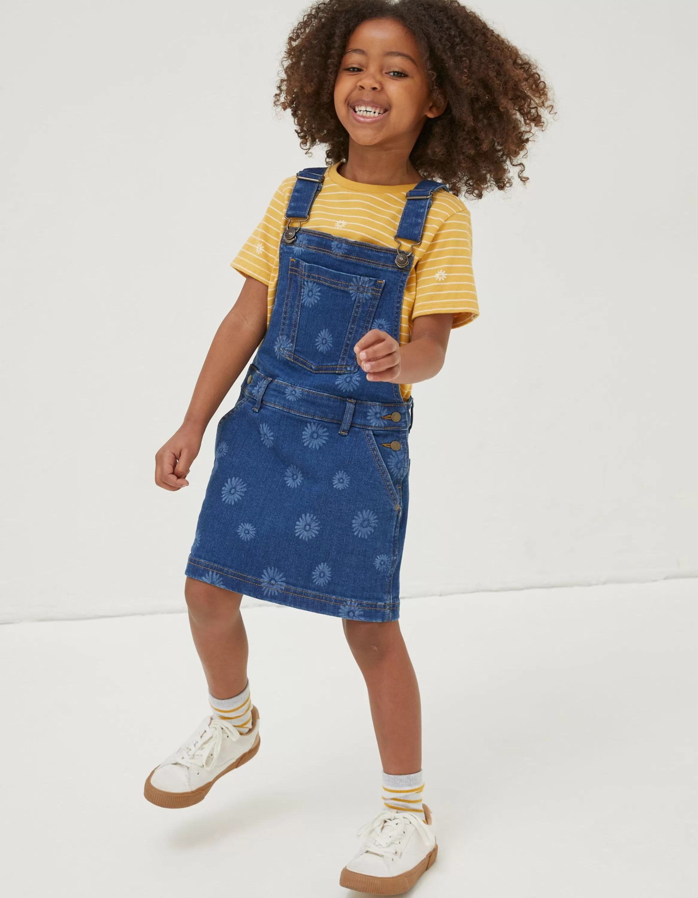 Fashion FatFace Laser Print Denim Pinafore Dress Denim Blue