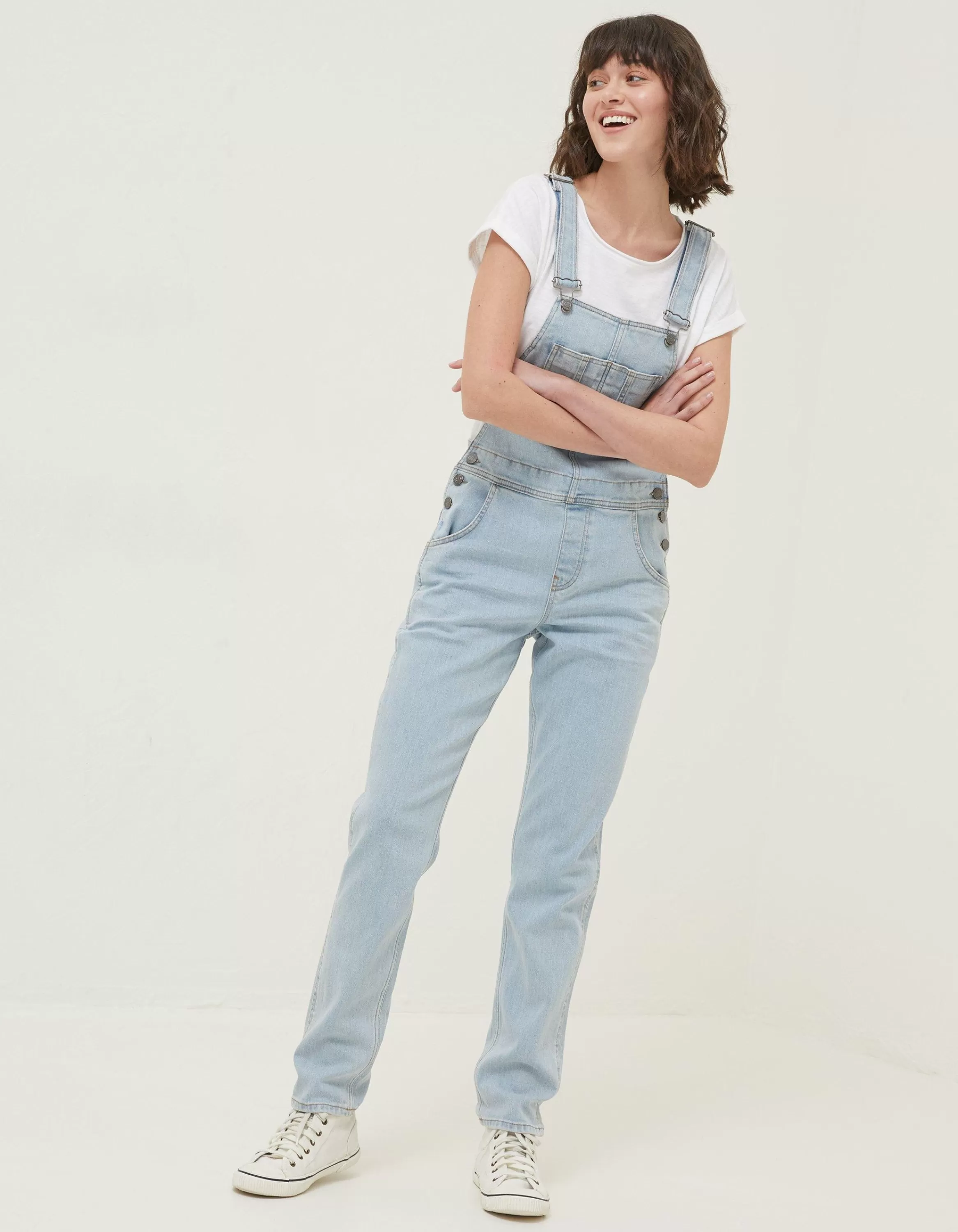 Shop FatFace Lewes Slim Leg Denim Dungarees Light Blue